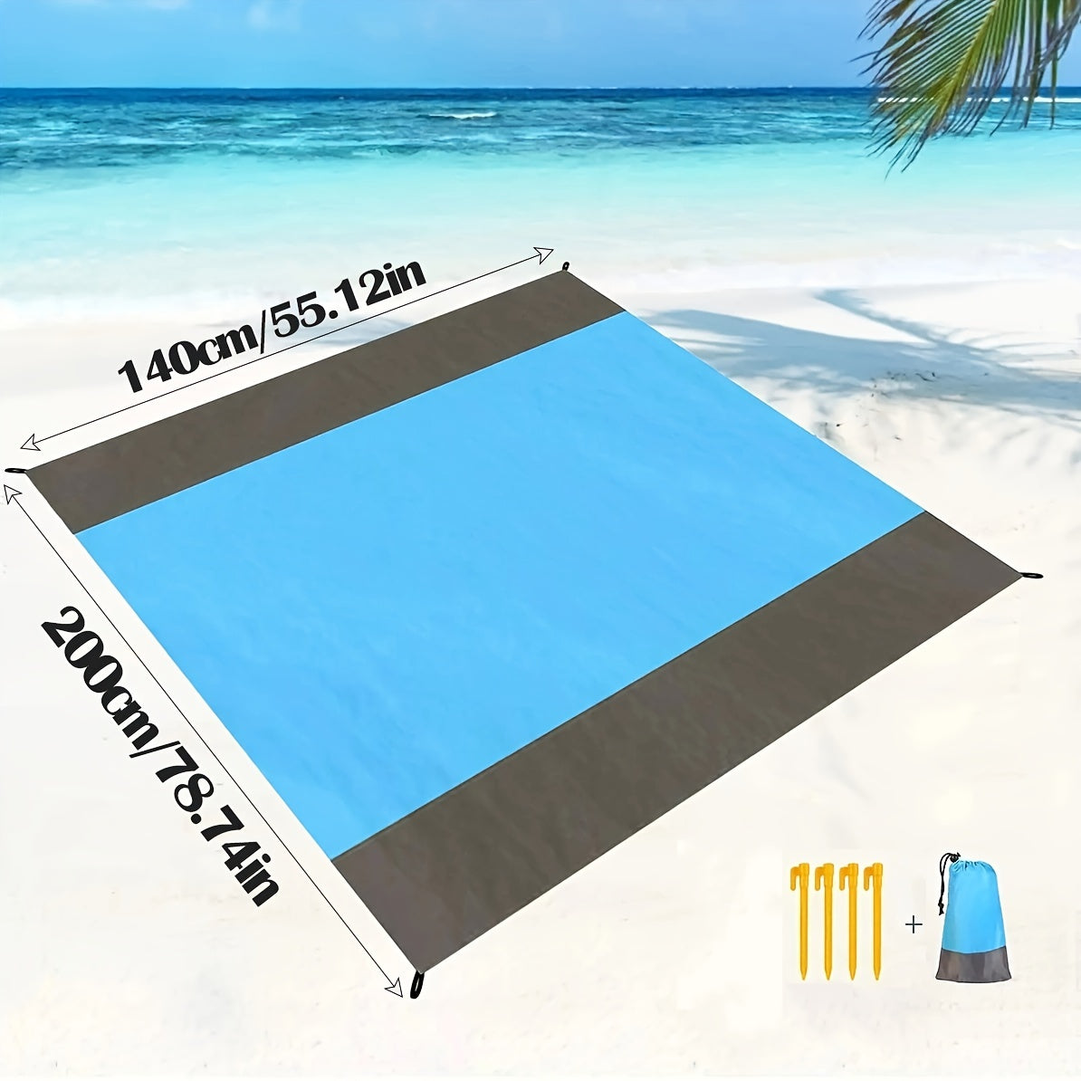Sandproof Beach Blanket Foldable Mat with 4 Corner Stakes – Lightweight Portable Outdoor Blanket for Beach, Camping, Hiking, Travel & Picnic