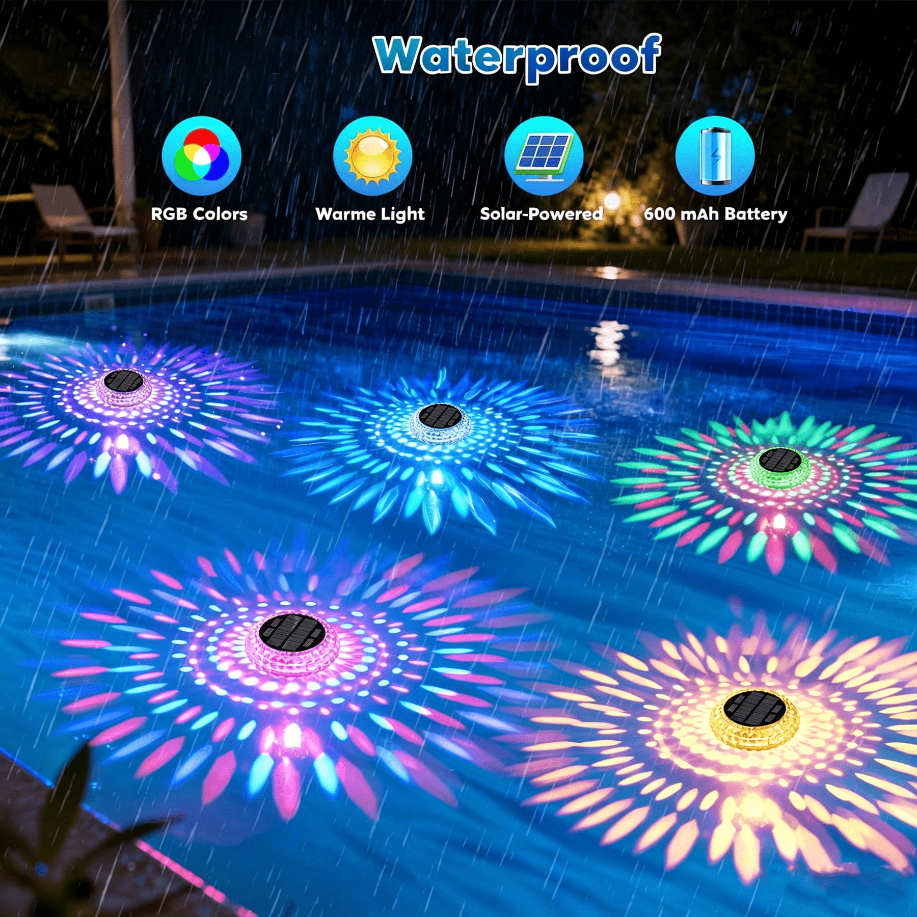 Solar Floating Pool Lights 2 Pack IP67 Waterproof, 7 Color Changing LED Underwater Light 2 Modes for Inground Above Ground Pool Hot Tub, Solar Powered Pool Decoration Night Light