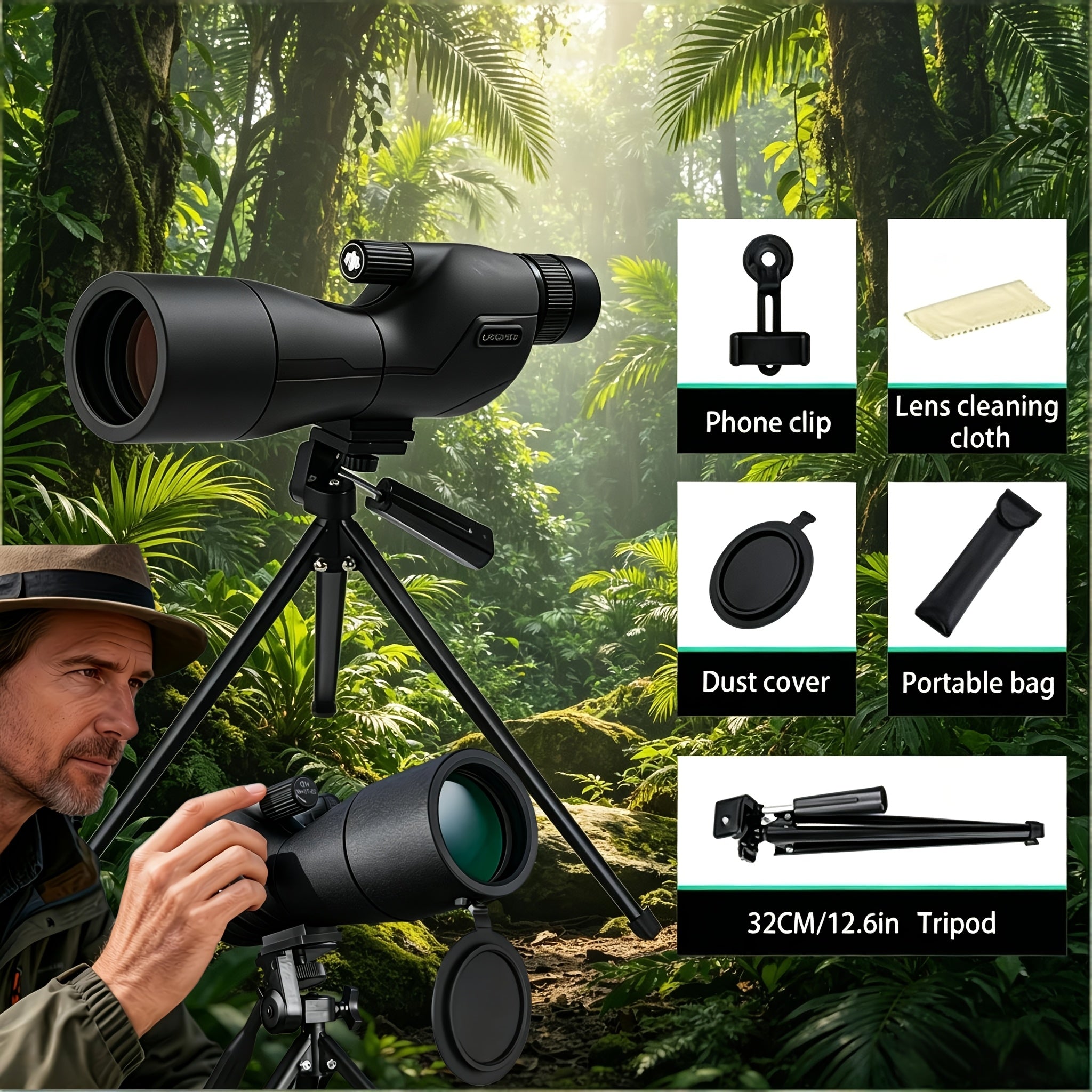 POKEPIC Hd25-75X60 1-Pack Portable Spotting Scope with Tripod And Phone Adapter, High Magnification Angled Eyepiece Monocular Telescope for Shooting, Bird Watching Wildlife Viewing, Compact Binoculars for Outdoor Travel, Camping