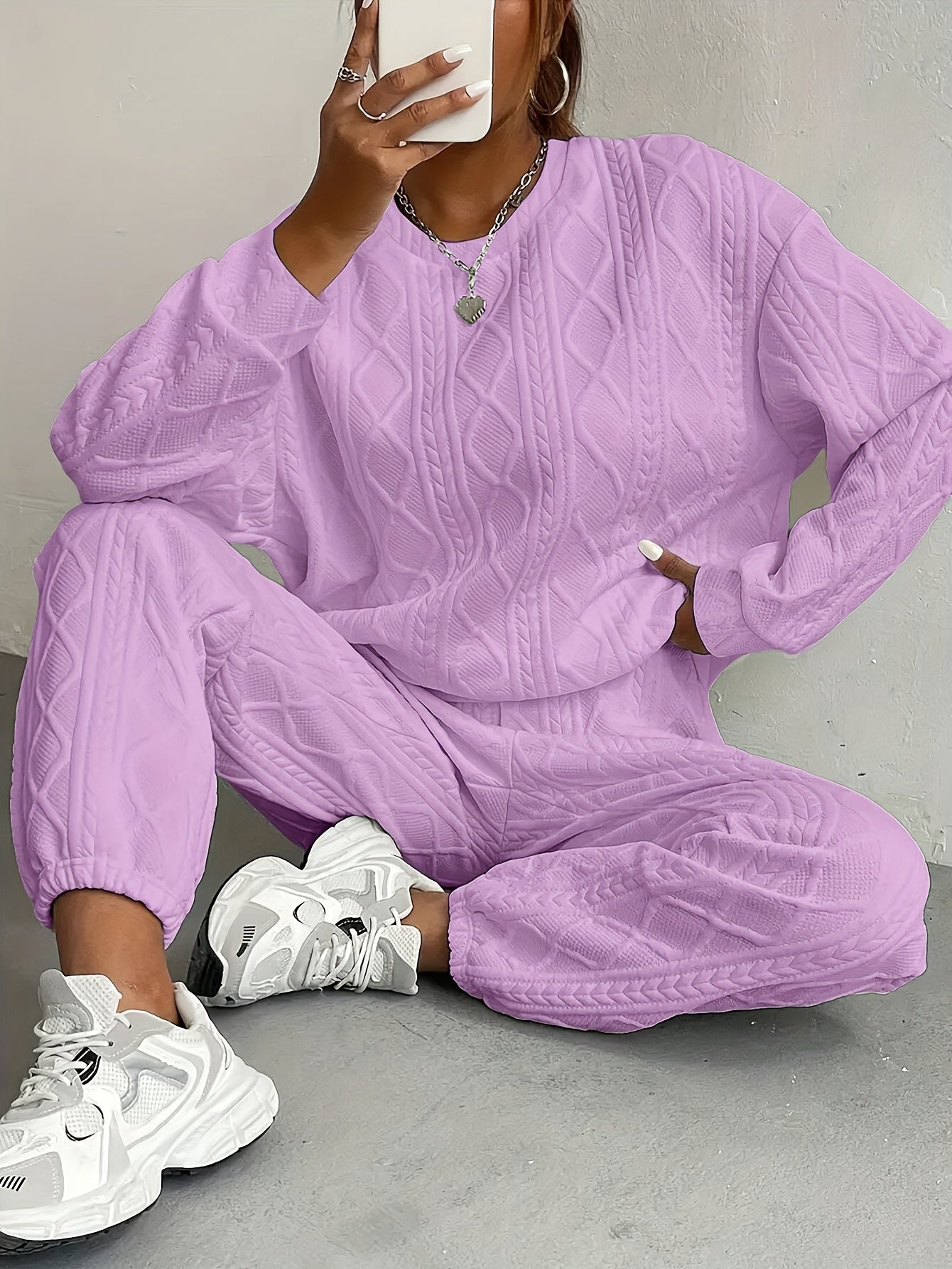 Women's 2-Piece Casual Tracksuit Set Jacquard Crewneck Long Sleeve Top and Sweatpants Breathable Soft Fabric for Lounge Workout Everyday Wear S M L XL XXL Multicolor
