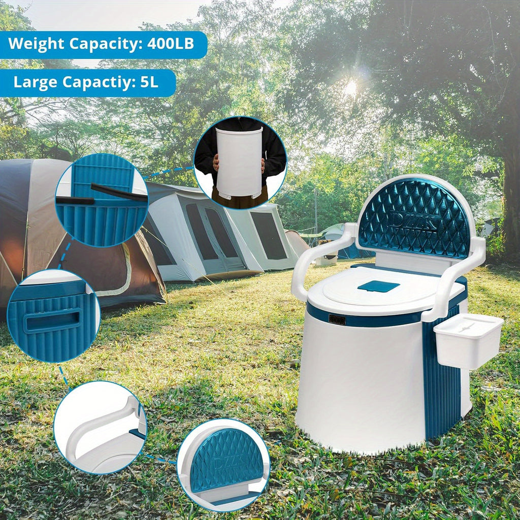 Portable Camping Toilet with Backrest & Handrails – 350LB Capacity, Detachable 6-8 Gallon Bucket, Odor-Control Lid, Lightweight Commode for Camping, RV, Boat & Medical Use