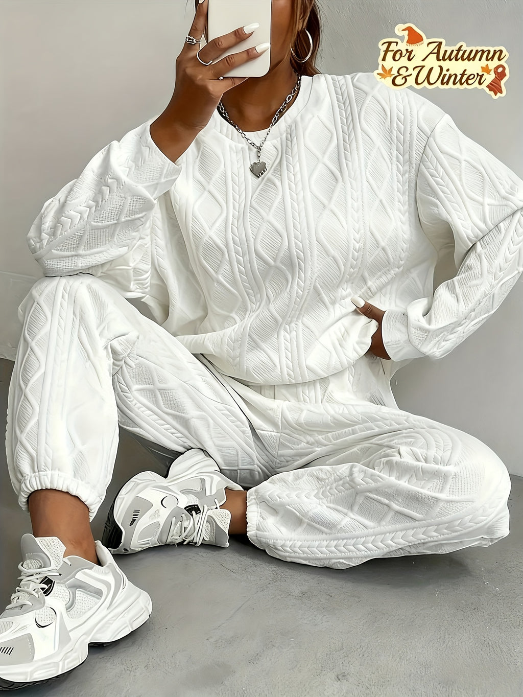 Women's 2-Piece Casual Tracksuit Set Jacquard Crewneck Long Sleeve Top and Sweatpants Breathable Soft Fabric for Lounge Workout Everyday Wear S M L XL XXL Multicolor
