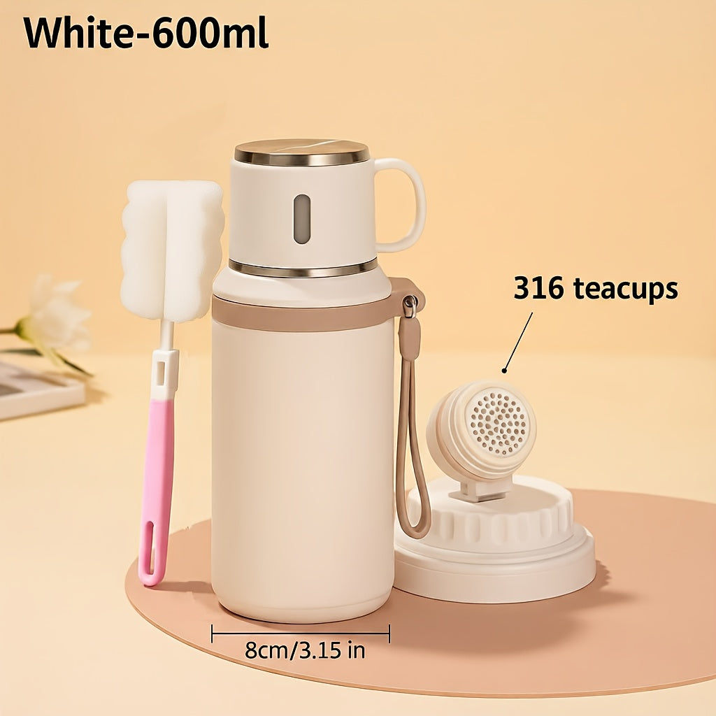 Insulated Water Bottle 600ml Stainless Steel Double Wall Leak-Proof Lid with Handle & Cleaning Brush – Vacuum Tumbler for Outdoor Hiking Camping Gym Travel