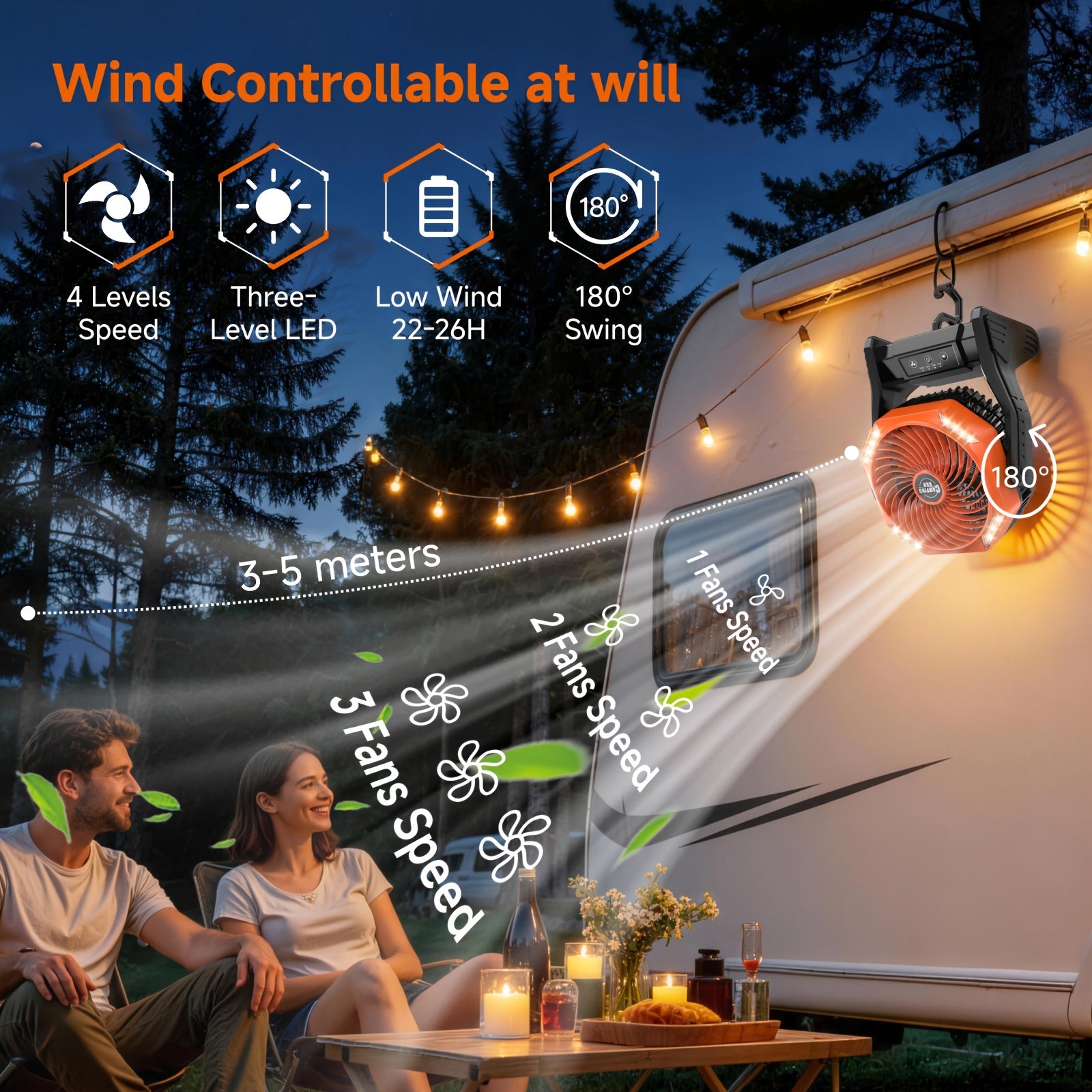 20000mAh Camping Fan with LED Light & Brushless Motor – Portable Outdoor Fan for Camping Hiking Picnic Emergency Use, 4 Speeds, 180° Oscillation, 22-26H Battery Life