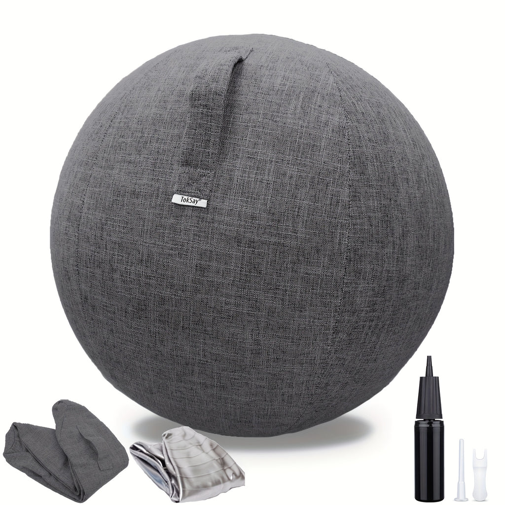 Exercise Ball Chair with Fabric Cover 65cm – Yoga Pilates Balance Ball Seat for Home Office Desk, Relieve Back Pain Improve Posture, Birthing Ball for Pregnancy, Grey Black