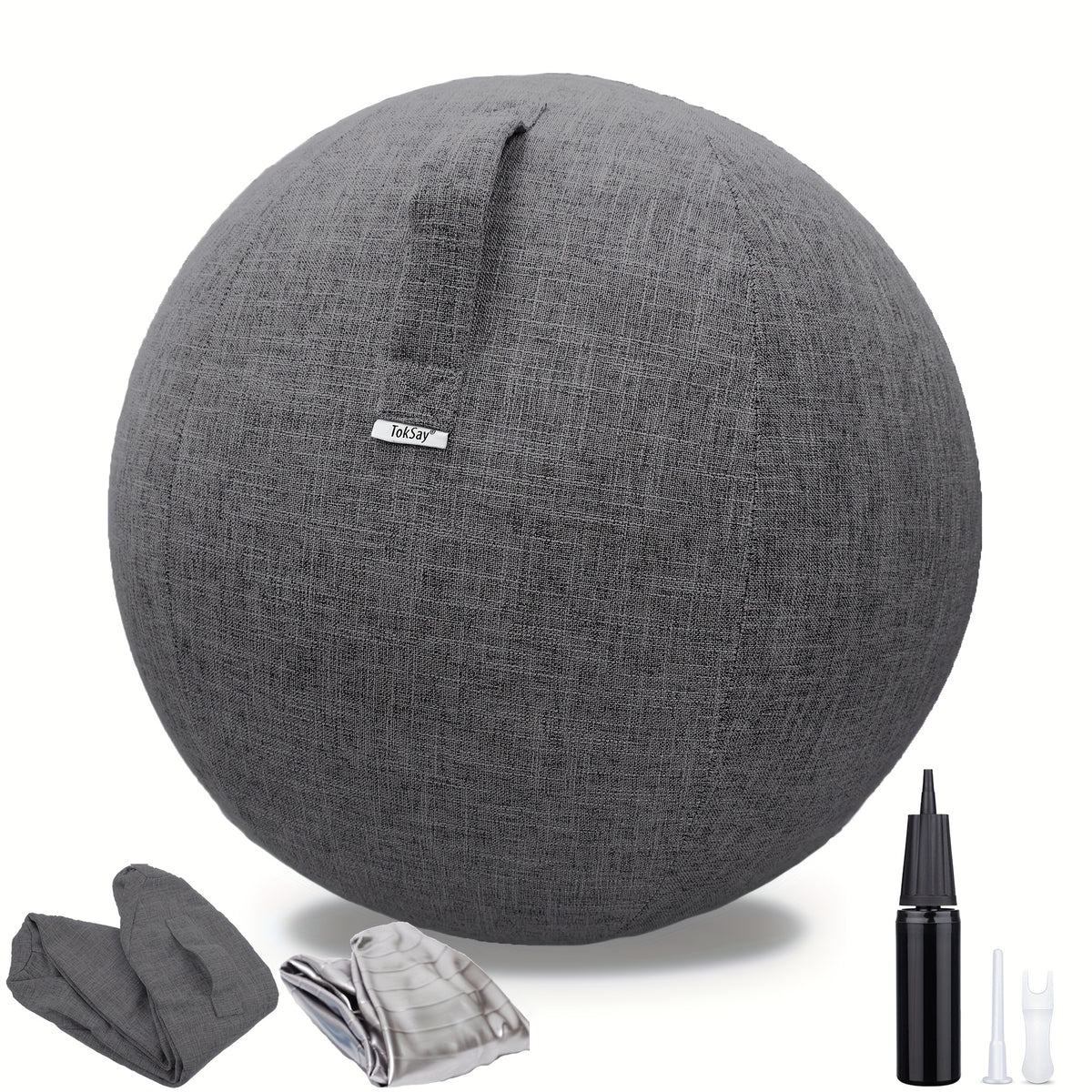 Exercise Ball Chair with Fabric Cover 65cm – Yoga Pilates Balance Ball Seat for Home Office Desk, Relieve Back Pain Improve Posture, Birthing Ball for Pregnancy, Grey Black