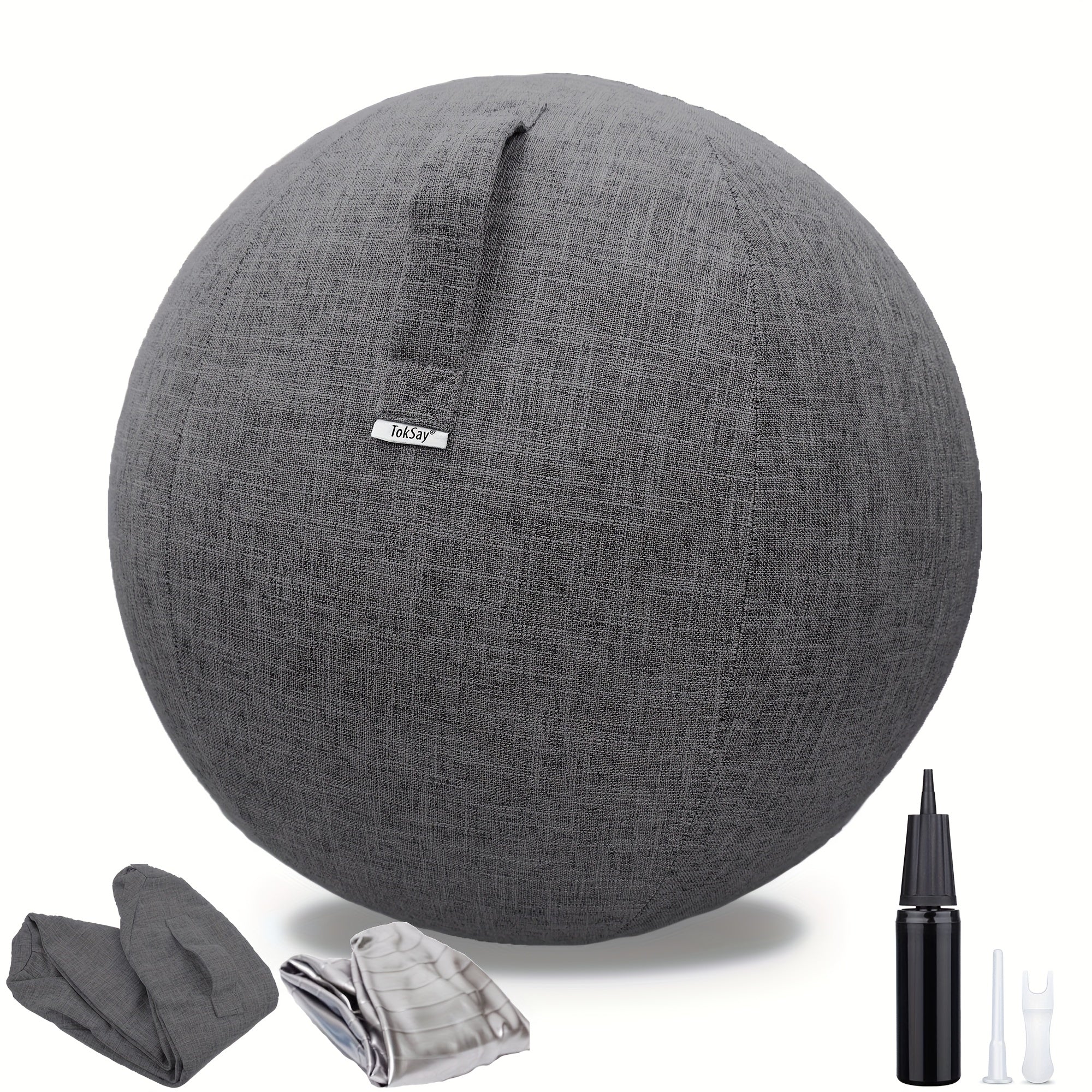 Exercise Ball Chair with Fabric Cover 65cm – Yoga Pilates Balance Ball Seat for Home Office Desk, Relieve Back Pain Improve Posture, Birthing Ball for Pregnancy, Grey Black