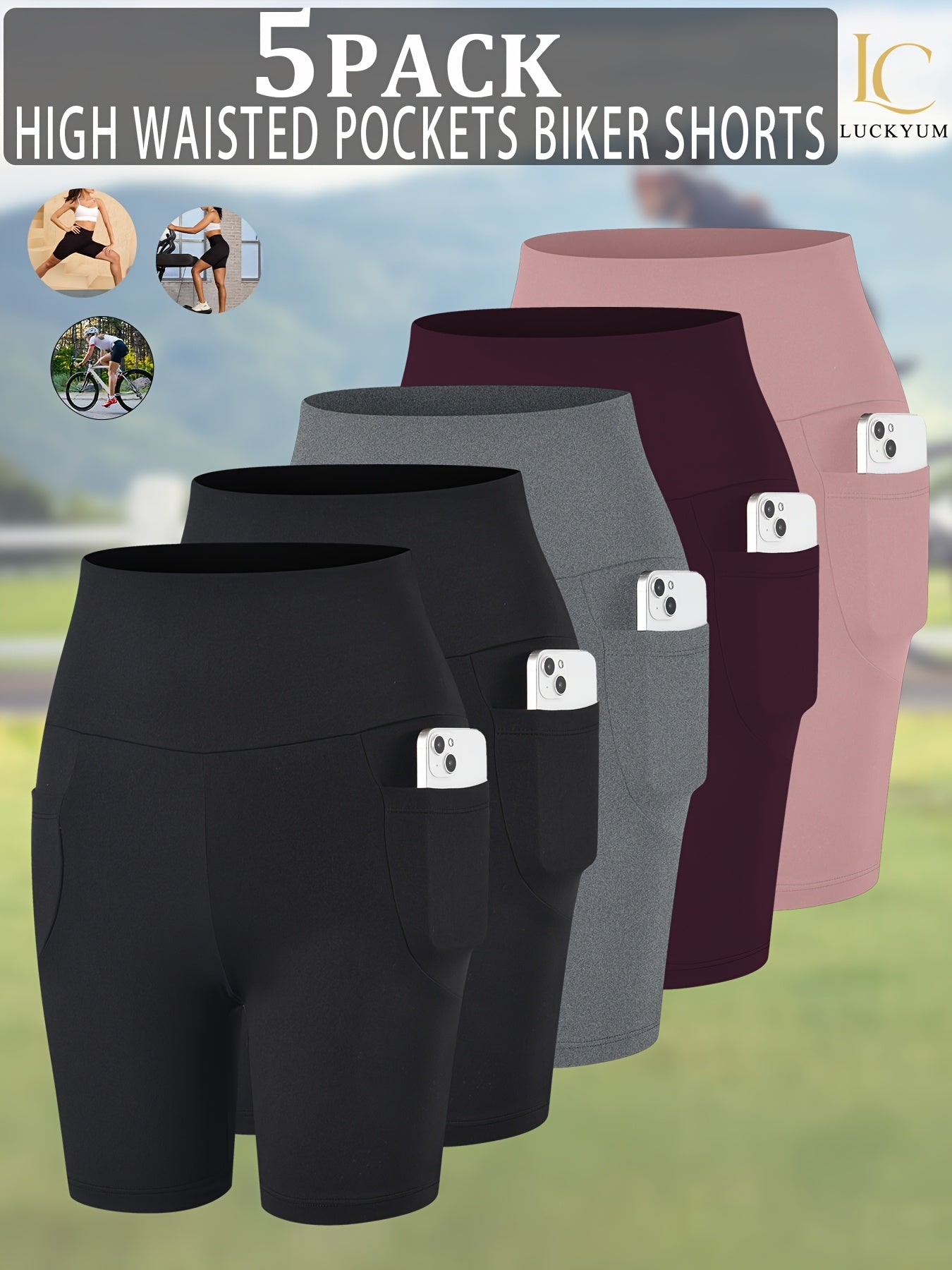 High Waisted Biker Shorts for Women 5-Pack with Pockets Tummy Control No See-Through 92% Polyester 6-Inch Inseam Workout Running Yoga Gym Athletic Shorts XS-XXL