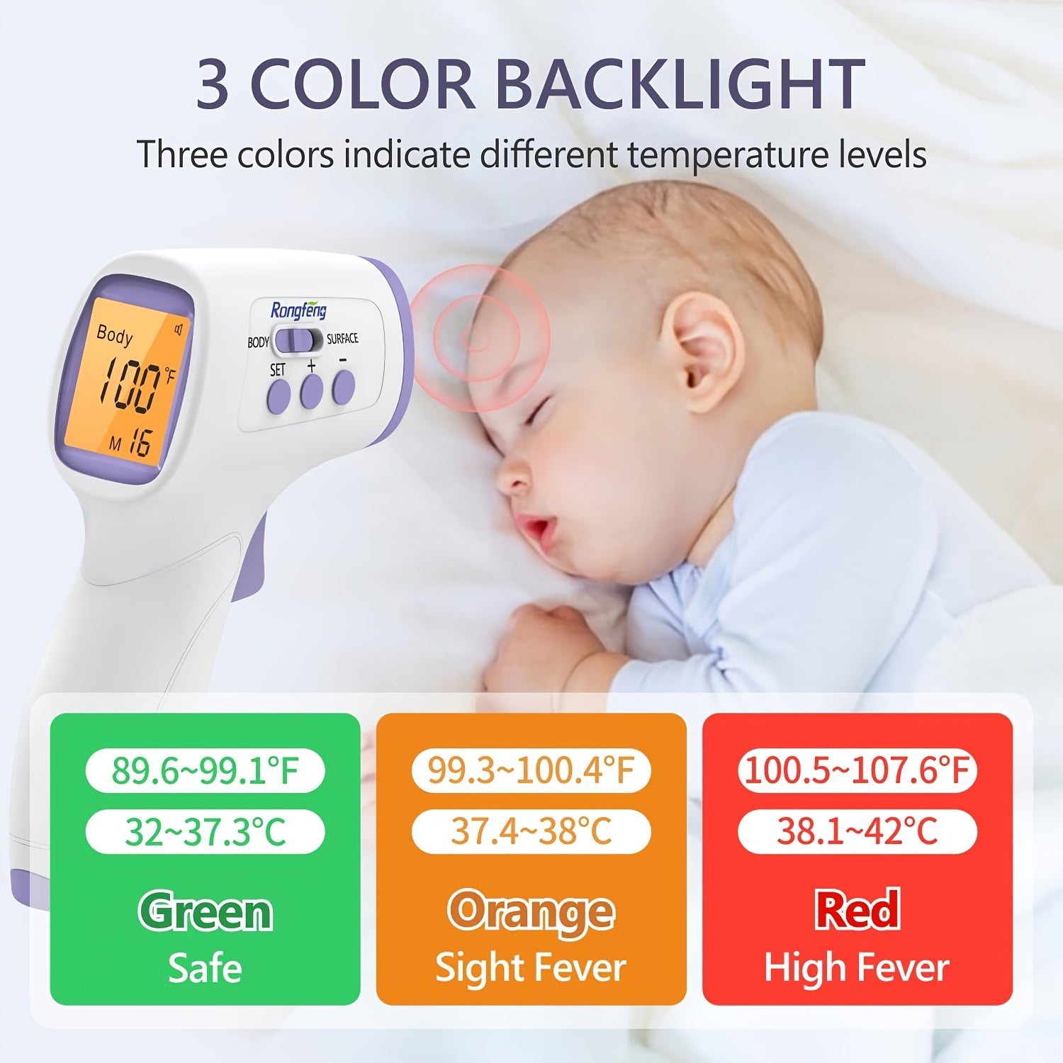 No-Touch Forehead Thermometer for Adults & Kids – Infrared Digital Thermometer with Fever Alarm, 3-Color Backlit, 28 Memory Recall, Fast 1-Second Reading, Baby & Family Home Use