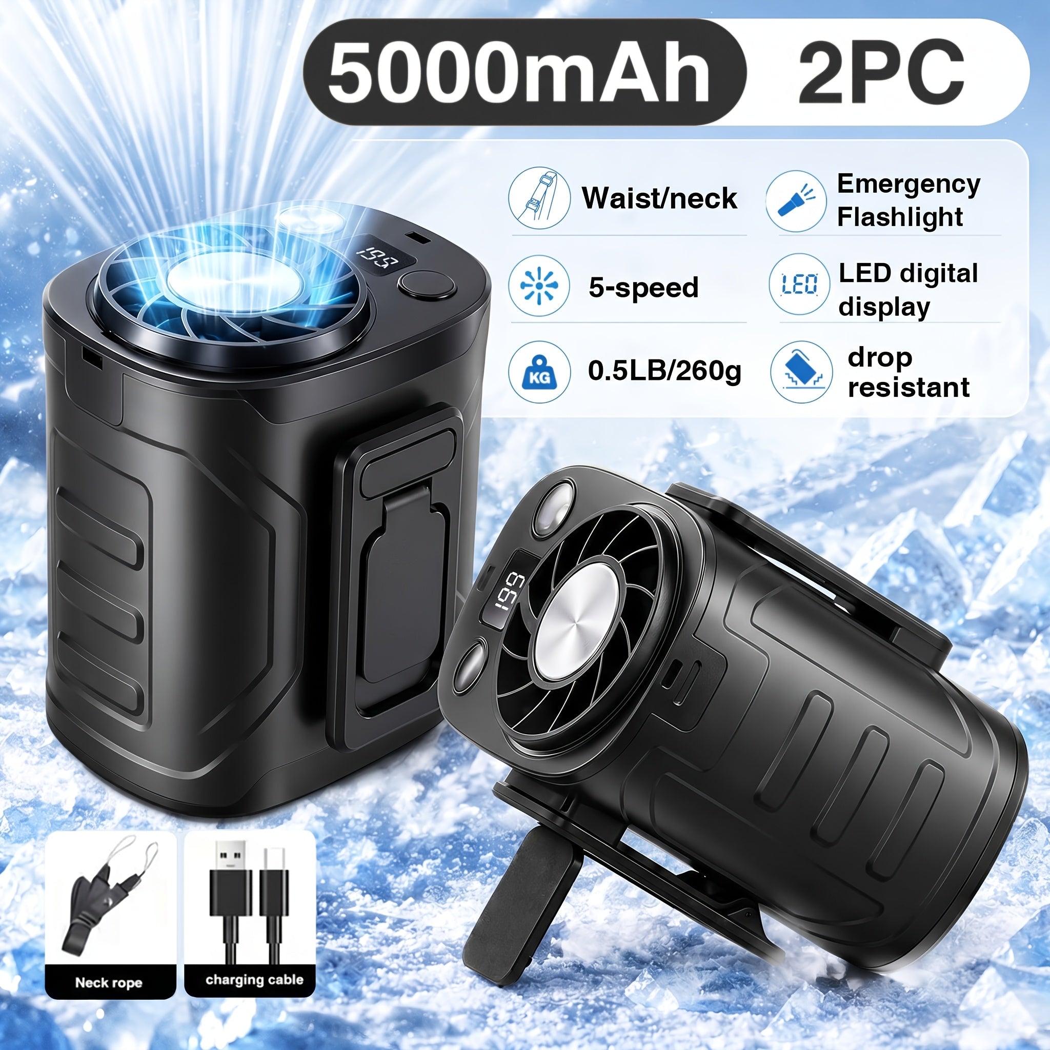 Portable Neck Fan Waist Fan 18000RPM Brushless Motor 199 Speed Settings 5000mAh Battery LED Power Display Outdoor Camping Fishing Hiking Work