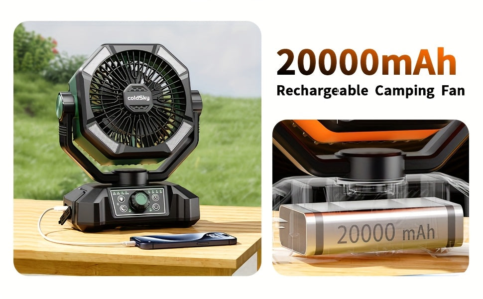 Battery Powered Camping Fan 20000mAh Dual Motor with LED Lantern, 8 Speeds, Remote & Hanging Hook – Tent Fan for Outdoor, RV, Power Outage