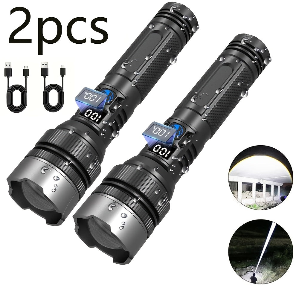 Rechargeable Tactical Flashlight High Lumens – Zoomable LED, LCD Display, USB Rechargeable, Waterproof, for Camping, Hiking, Fishing & Emergencies (1pc / 2pcs)