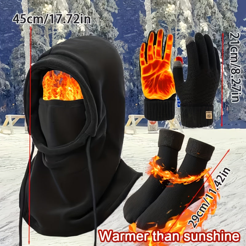 Winter Thermal Set 3 4pcs Face Mask Hat Touchscreen Gloves Fleece Socks Windproof Cold Weather Gear for Men Women – Snowboarding Hiking Ice Fishing Skiing Outdoor Winter Accessories Kit