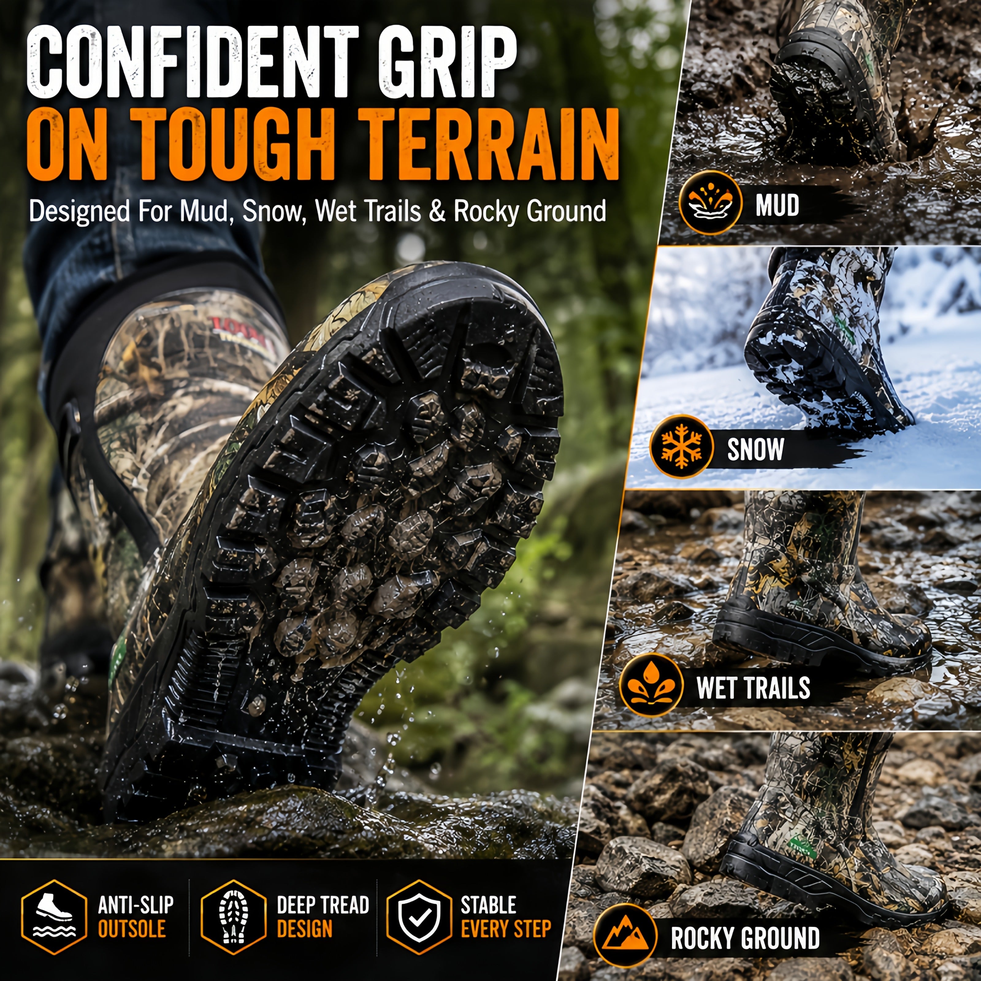 Men's 6mm Neoprene Insulated Hunting Boots – Waterproof Camouflage Rubber Boots with Non-Slip Sole, Slip-On Outdoor Boots for Duck Hunting Fishing Hiking Farming, Sizes US 8-14