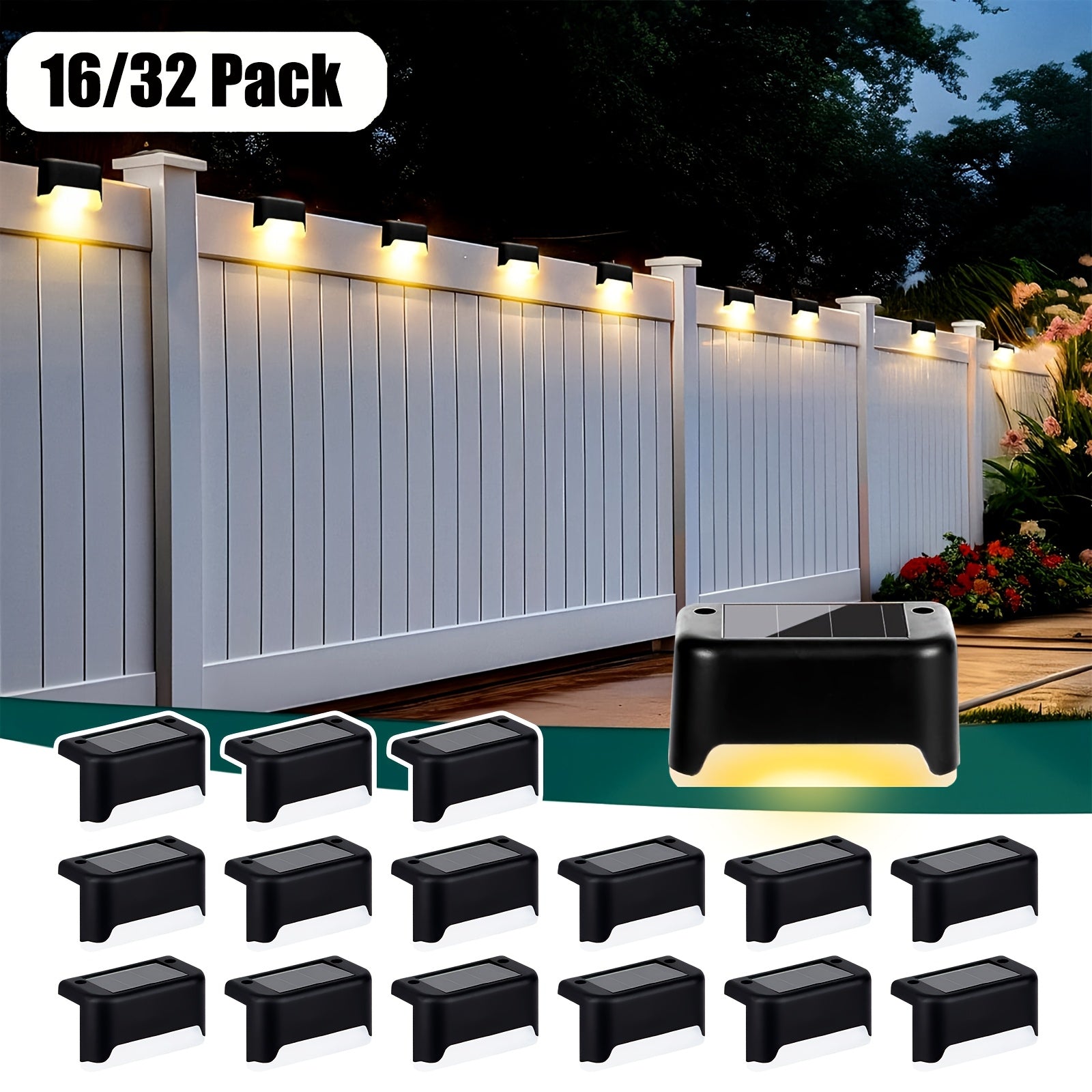 Solar LED Deck Lights Outdoor – 16 or 32 Pack, Auto On/Off Dusk to Dawn, 12-Hour Lighting for Stairs, Fence, Pathway & Patio | Step Lights for Night Safety & Garden Decor, Black/White/Brown