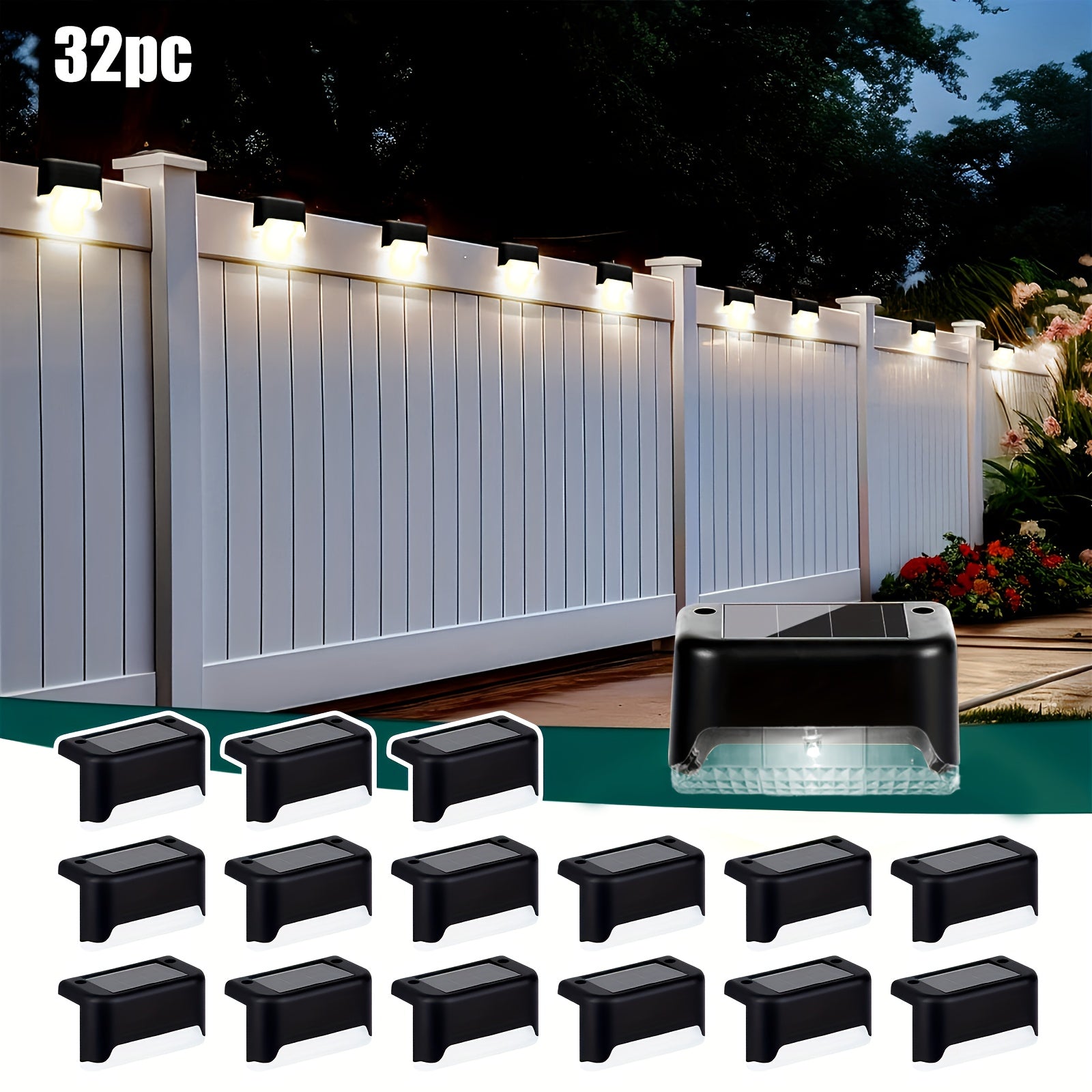 Solar Step Lights Outdoor - 16/32 Pack LED Deck Lights IP66 Waterproof, Auto Light Sensor, 700mAh Battery, Solar Stair Lights for Yard, Patio, Deck, Steps, Walkway & Lawn Path Safety