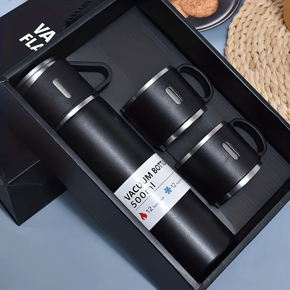 Stainless Steel Cup Set 4 Piece – 500ml Insulated Water Bottle with 3 Small Cups & 3 Lids Hot Cold Drinks Travel Tumbler Gift Set for Office School Outdoor