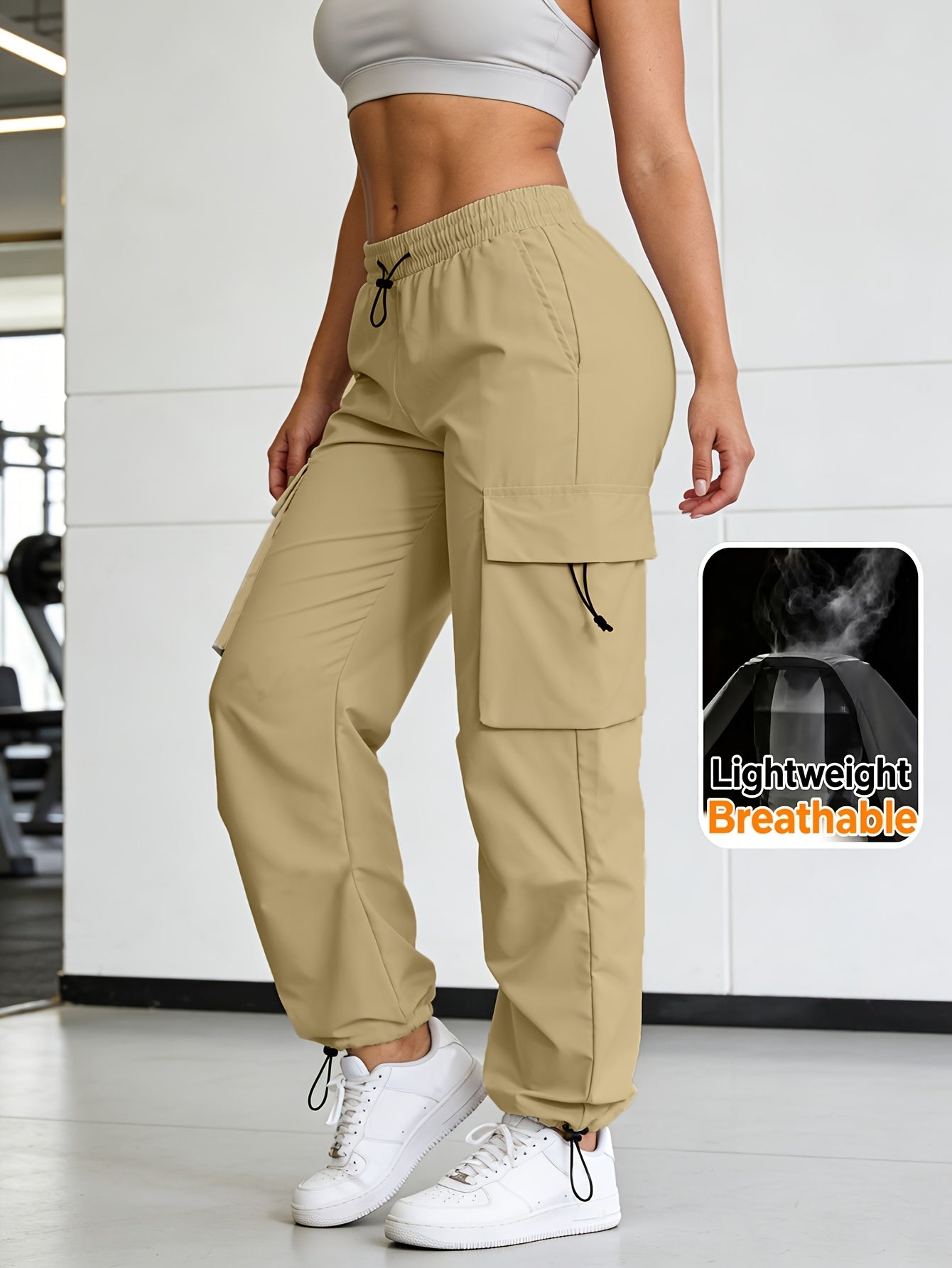 Women's Wide Leg Cargo Pants Elastic Waist Drawstring Multiple Pockets Loose Comfy Casual Trousers for Street Style Hiking Jogging Daily Wear All Season Beige Black Dark Gray Khaki XS-XXL