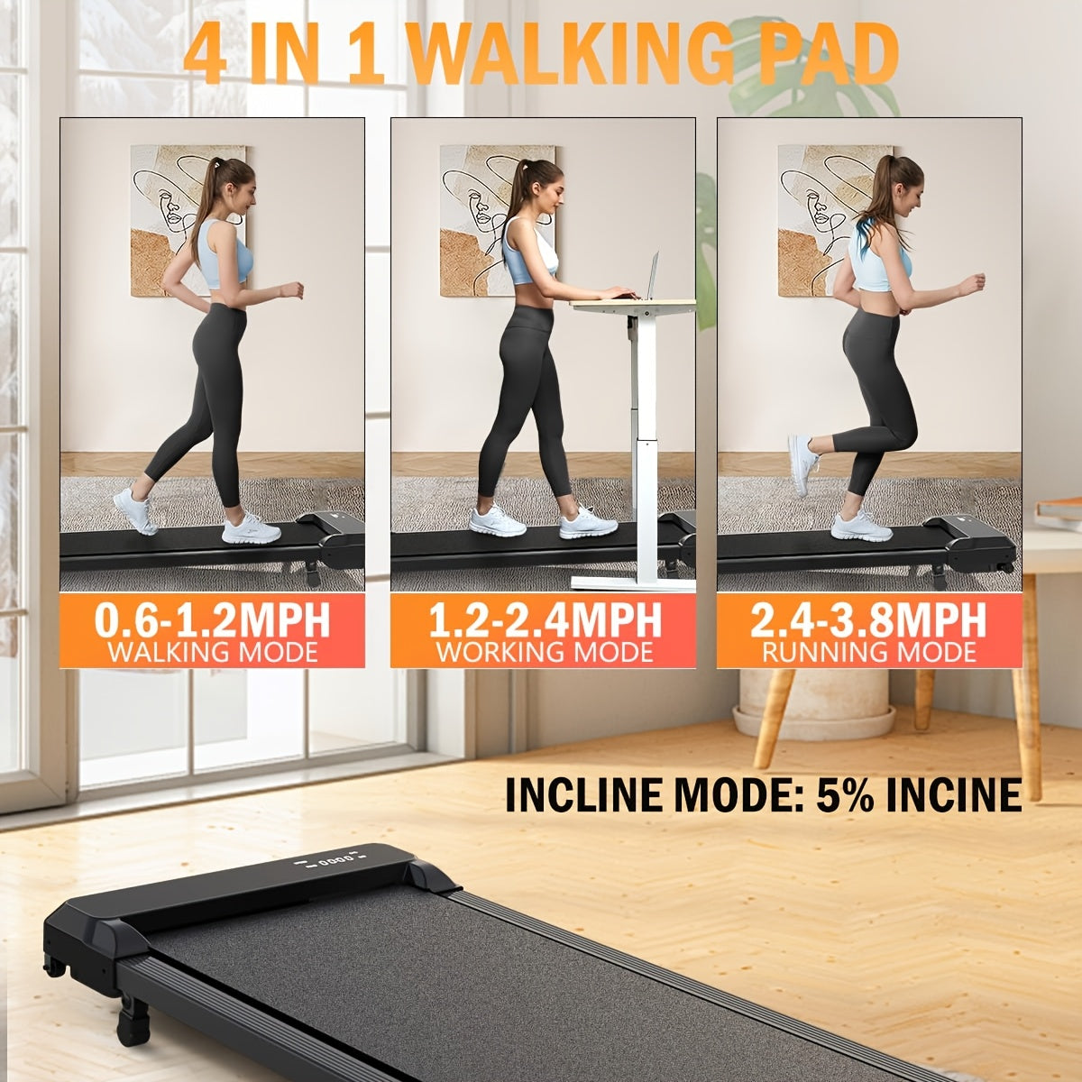 Foldable Treadmill Walking Pad with Incline & Handles – 300 Lbs Capacity, Portable Under Desk Compact Design for Home Gym & Office, Quiet Low-Impact Cardio Machine