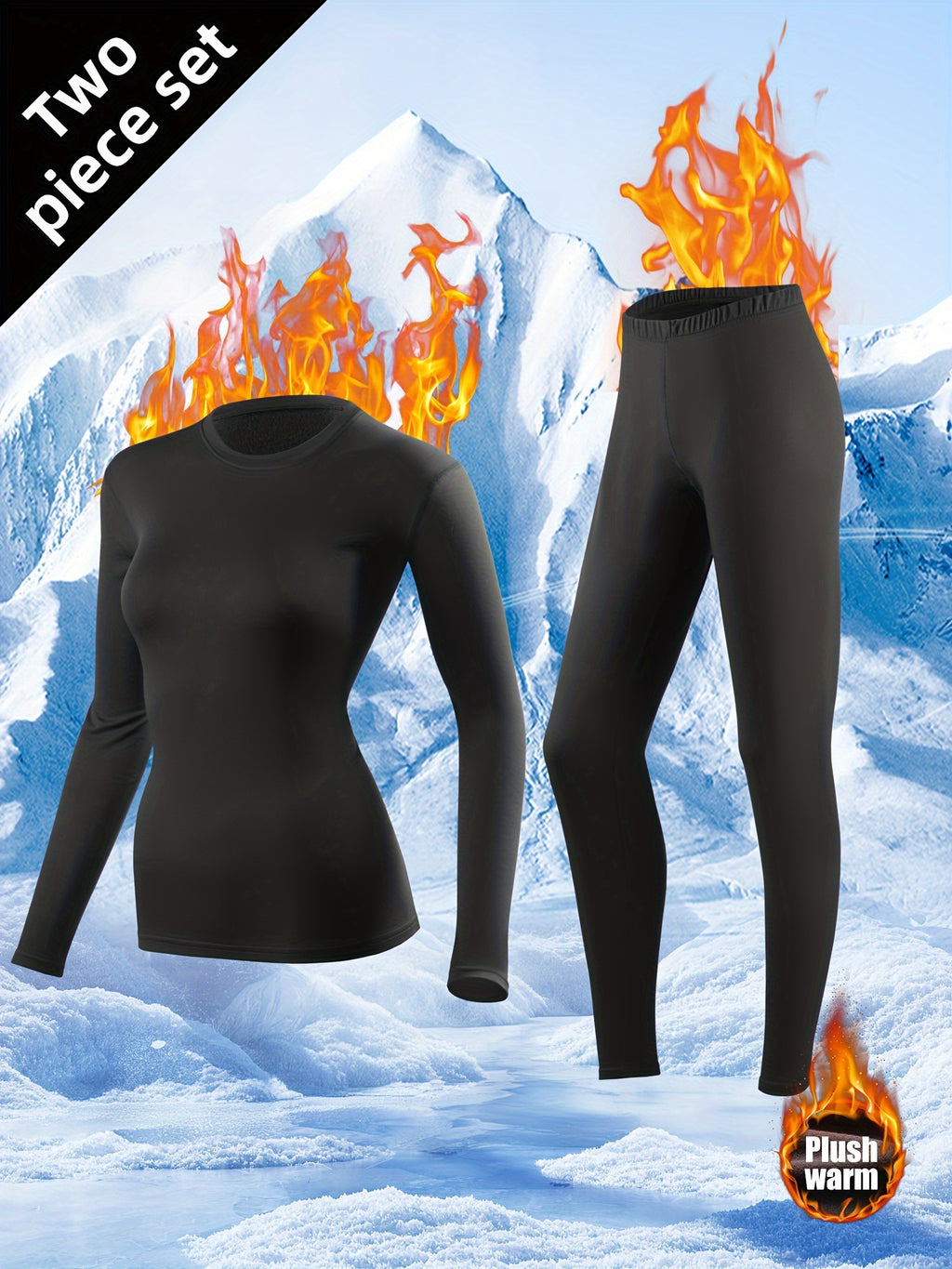 Women's Thermal Underwear Set 2-Piece – Compression Base Layer Lined Leggings & Top for Winter Sports Skiing Yoga Cycling, Soft Knit 90% Polyester, Black, S-XXL