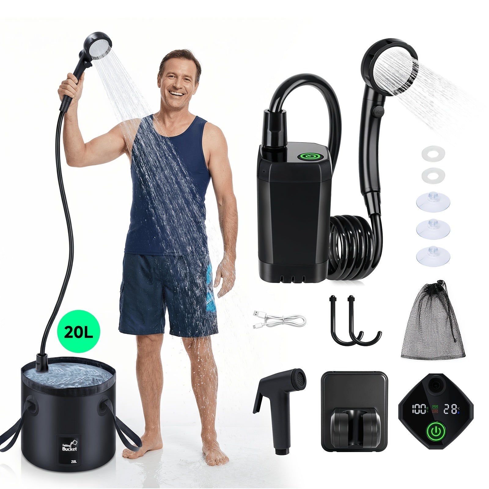 Portable Camping Shower 6000mAh Rechargeable Pump – IPX7 Waterproof, 4 Spray Modes, Outdoor Shower Kit for Camping Hiking Beach Pet Car Washing, Gift for Outdoors Lovers