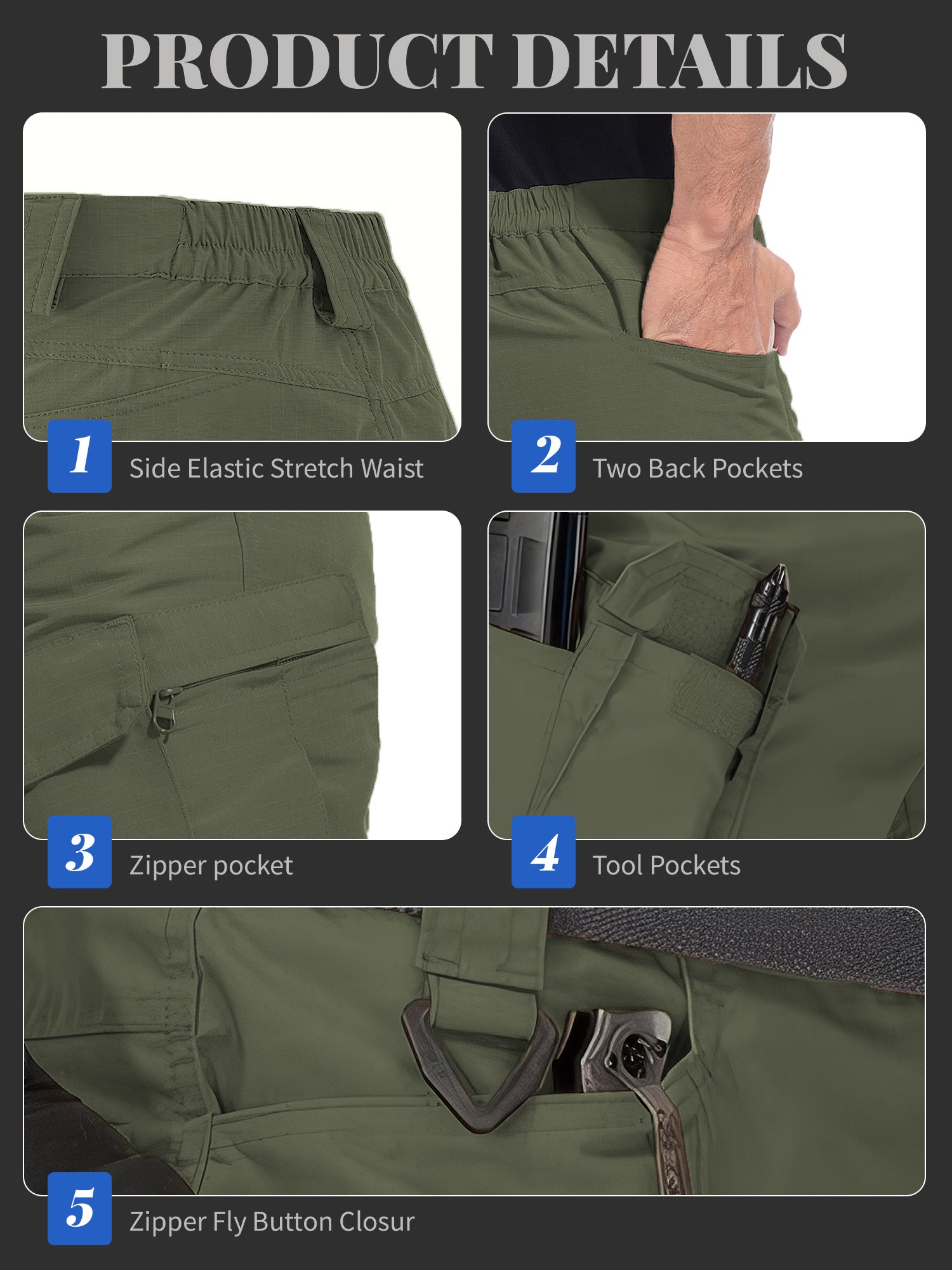 Cargo Shorts for Men 2 Pack – Multi-Pocket 100% Polyester Regular Fit Outdoor Hiking Work Casual Shorts S-XXXL (Black, Gray, Khaki, Army Green)
