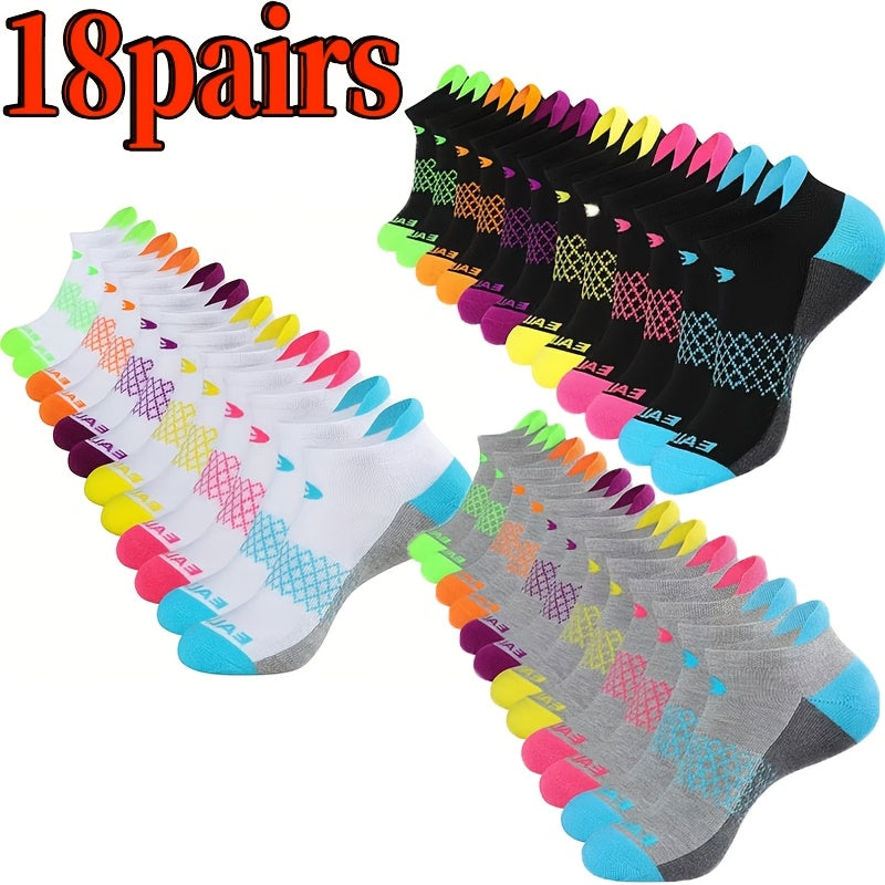 Women's Athletic Socks 18 Pairs Colorful Stripe Low Cut Non-Slip Breathable Running Basketball Gym Sports Socks Spring Summer All Season