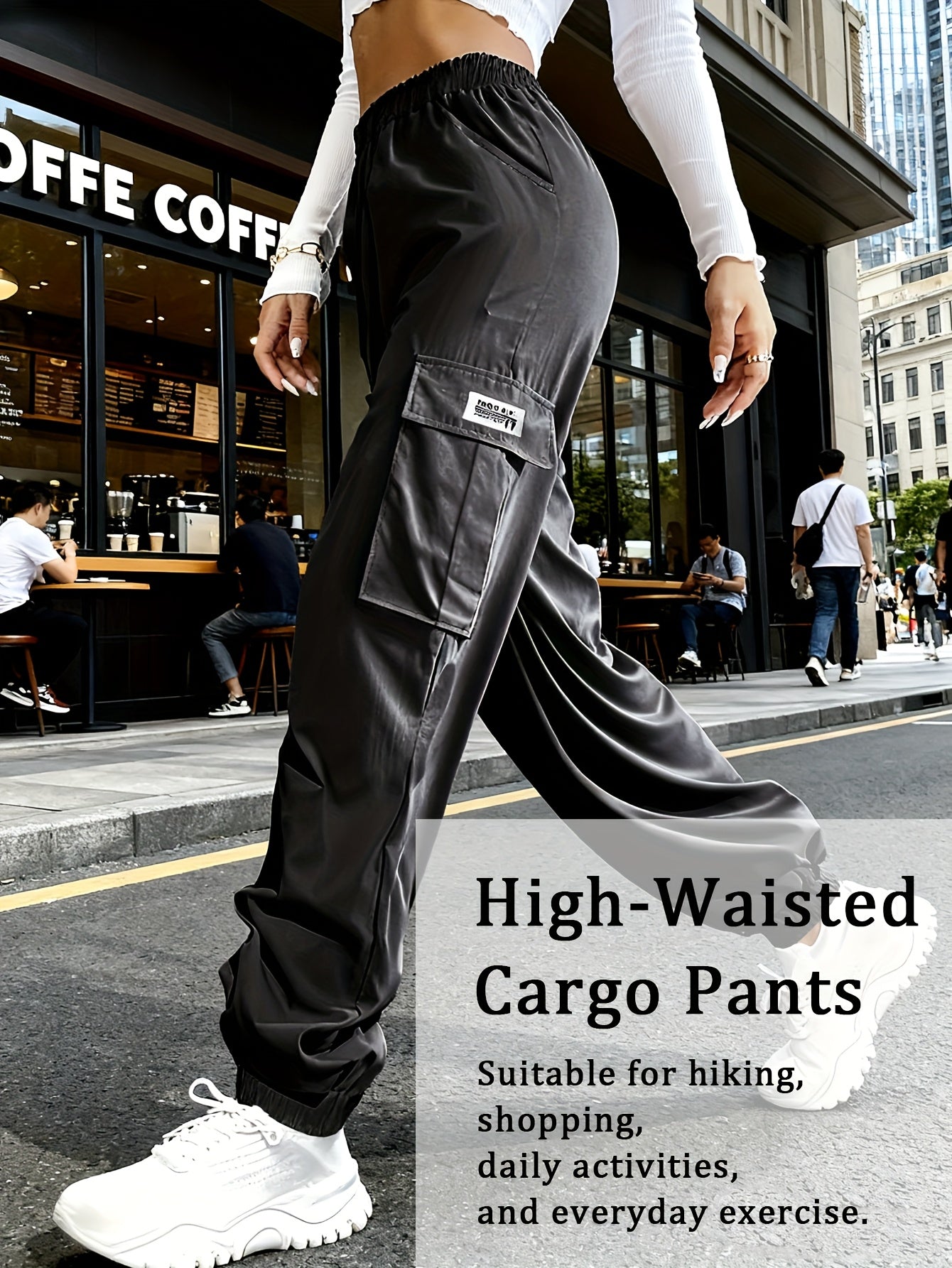 Women's Cargo Pants with Zippered Pockets – Elastic Drawstring Waistband, Large Pocket Casual Outdoor Trousers for Hiking, Travel & Everyday Wear, XS-XXL