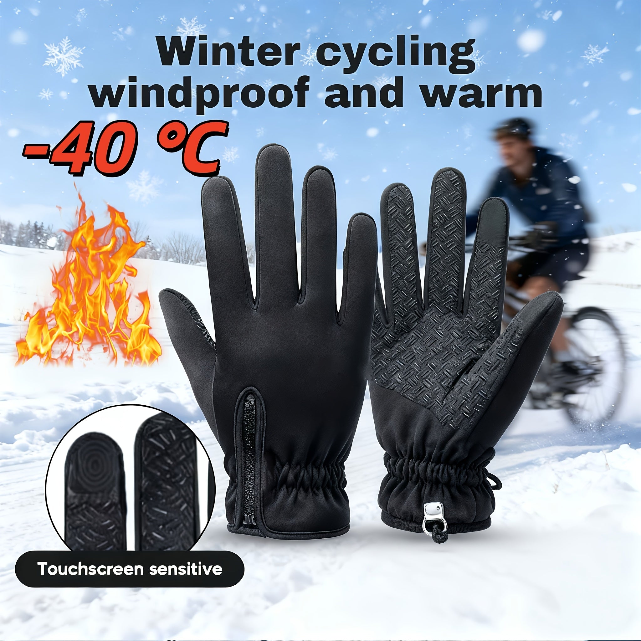 Winter Thermal Gloves Touchscreen Windproof – Fleece-Lined Zipper Closure, Soft Polyamide Knit for Hiking, Skiing & Outdoor Activities | Unisex Black | M–XL
