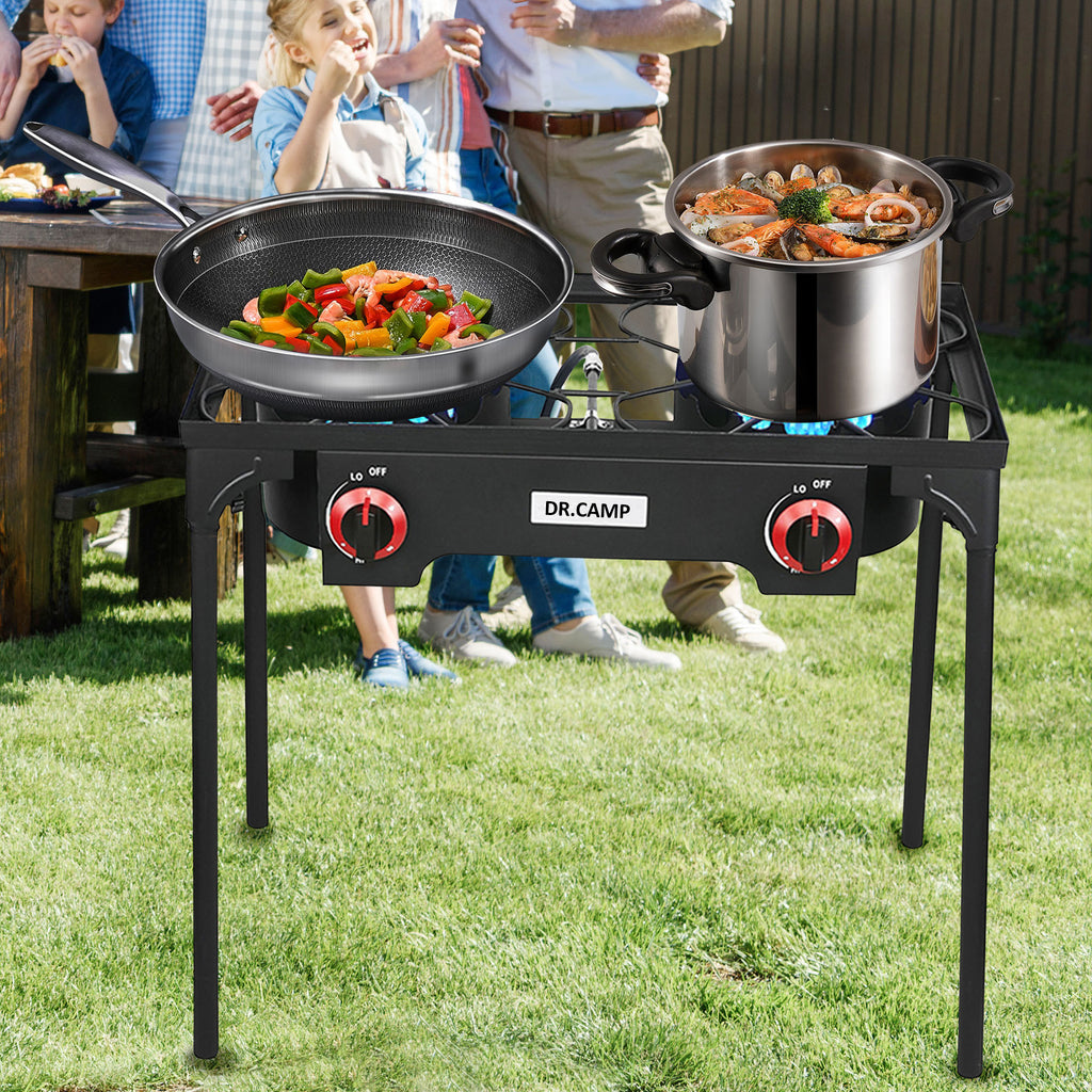 Heavy Duty Propane Camping Stove Cast Iron Burner with Detachable Legs – Single & Double Burner Outdoor Gas Cooker for Camping BBQ Patio Survival Cooking & Tailgating