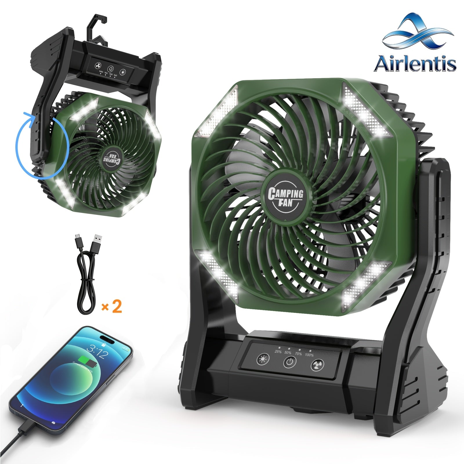 20000mAh Portable Camping Fan 180° Oscillating 4-Speed Brushless Motor LED Light 22-26H Battery USB Rechargeable for Camping Hiking Picnic Emergency Gray Pink Green Black Orange