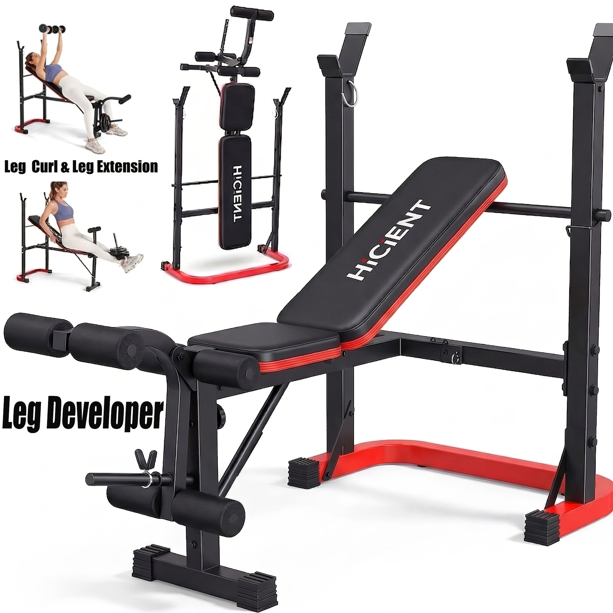 Weight Bench Set with Squat Rack – Adjustable Foldable Workout Bench Press, Leg Developer & Preacher Curl Pad for Home Gym Full Body Training | 800–1200 LBS Capacity | Black, Red, Pink