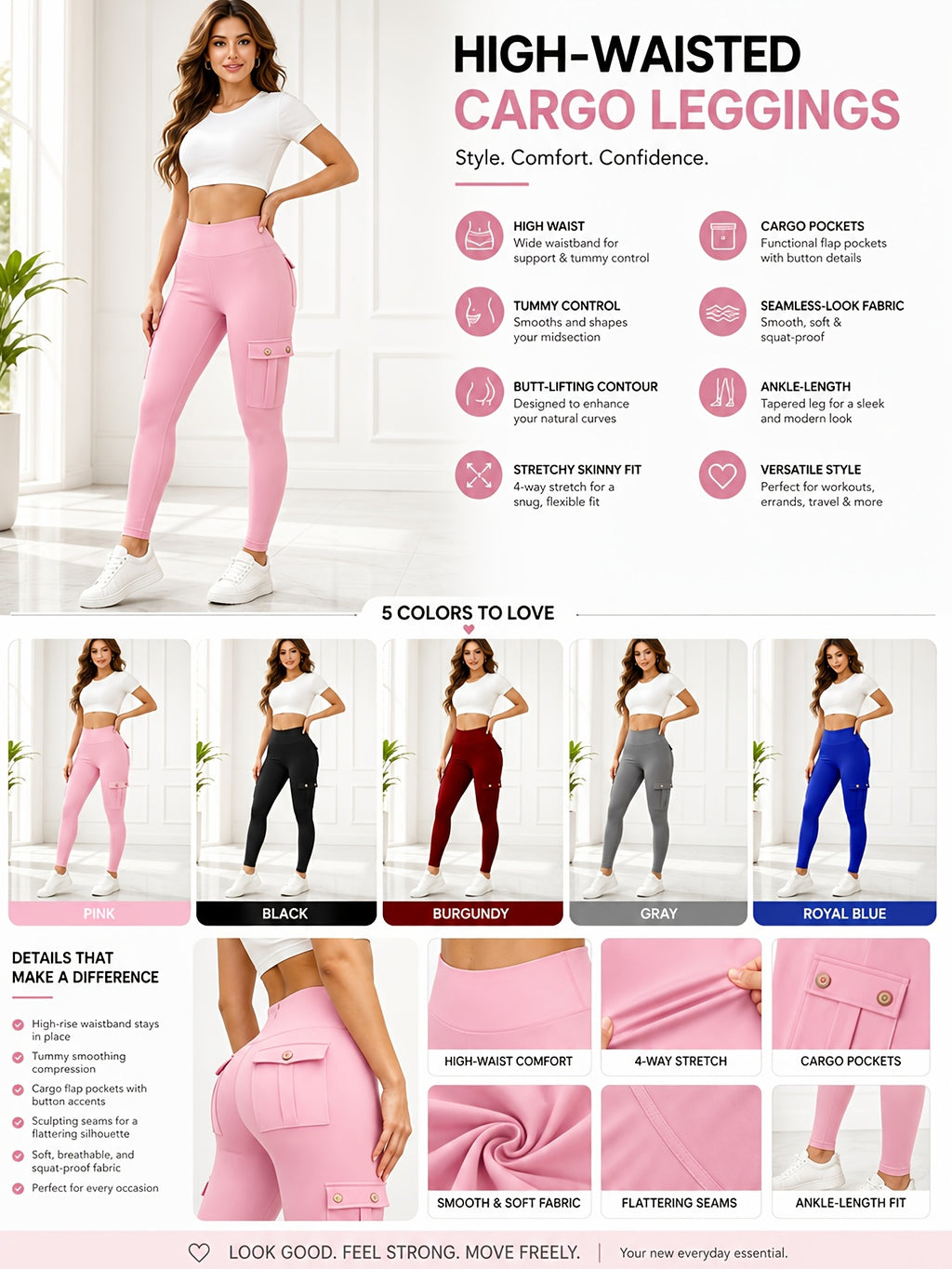5 Pack Women's High Waist Yoga Leggings with Pockets – Tummy Control, 4-Way Stretch, Slim Fit, Soft & Breathable Workout Leggings for Gym, Running & Daily Wear, M-XXL