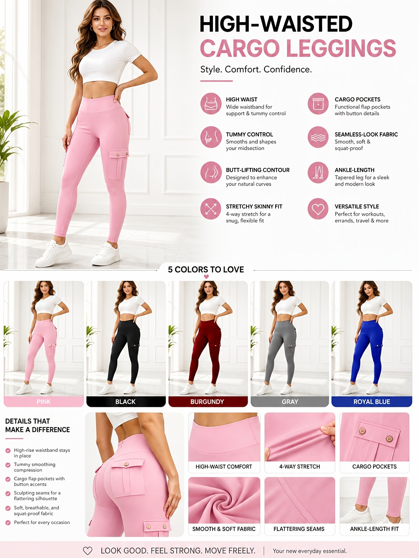 5 Pack Women's High Waist Yoga Leggings with Pockets – Tummy Control, 4-Way Stretch, Slim Fit, Soft & Breathable Workout Leggings for Gym, Running & Daily Wear, M-XXL