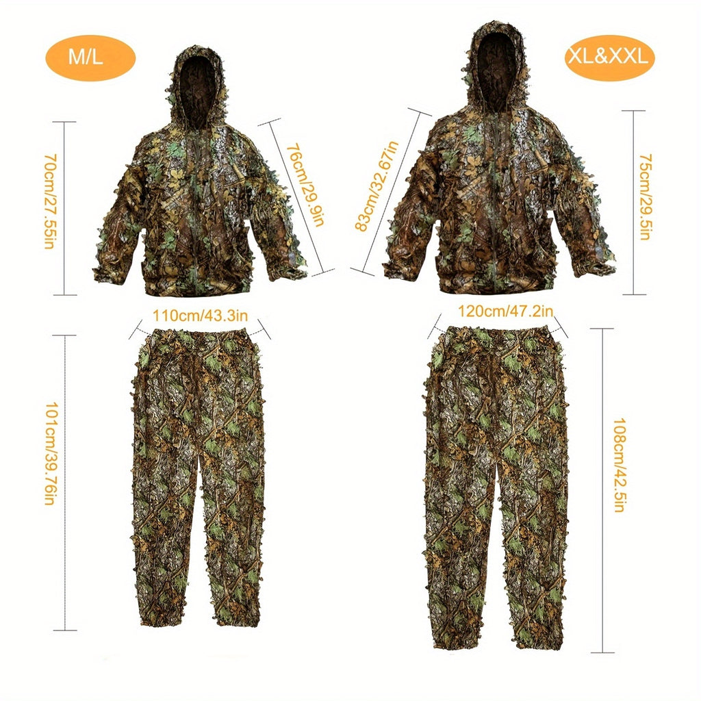 Ghillie Suit 3D Leaf Camouflage Hunting Suit Lightweight Breathable Camo Outfit for Men Hunting Wildlife Photography Outdoor Training Spring Summer Fall Sizes M-XXL