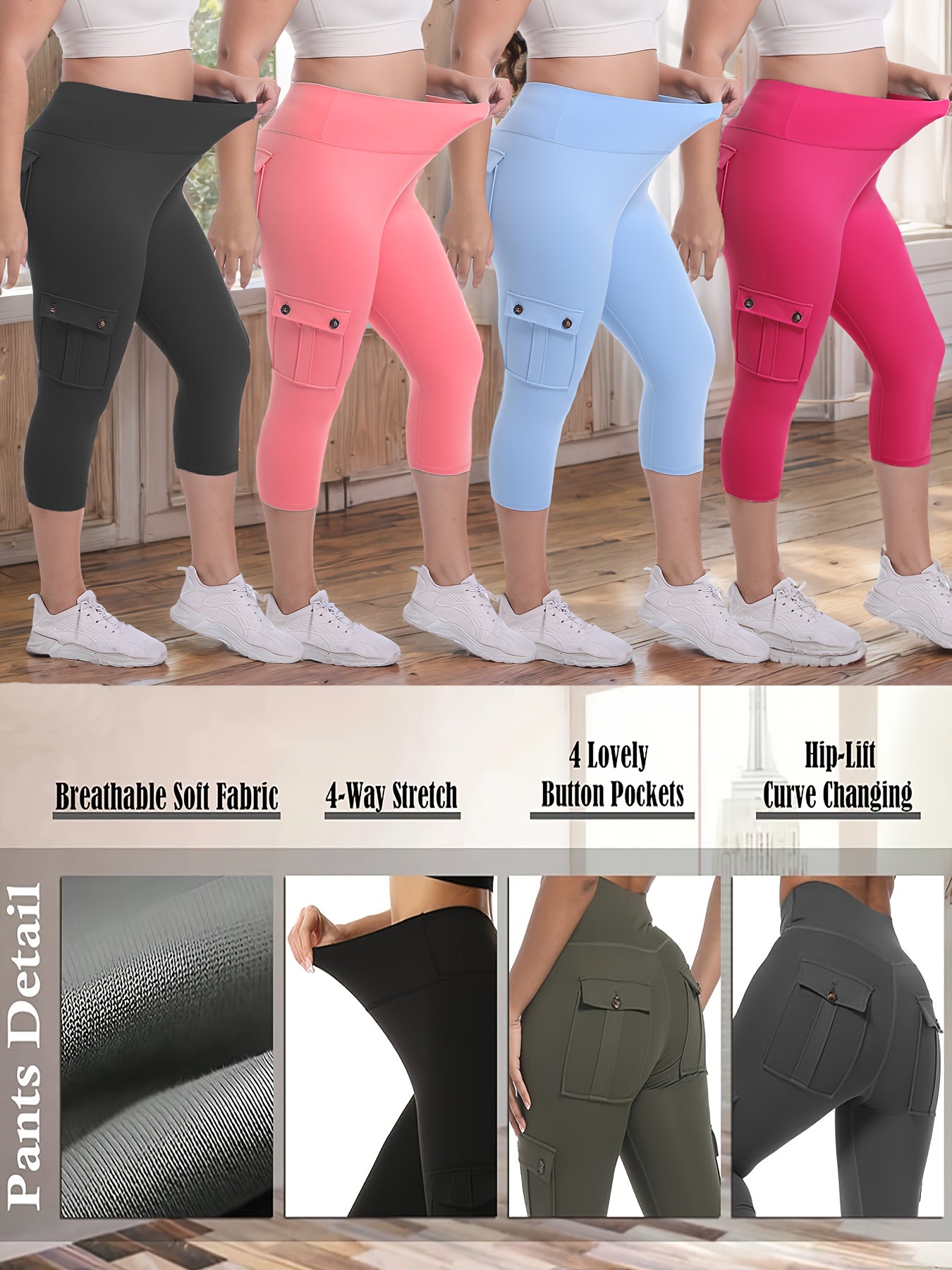 Women's Yoga Capri Pants with Pockets High Waist Butt Lifting Tummy Control – 4-Way Stretch 7/8 Workout Leggings for Running Gym Hiking Pilates 75% Polyester 25% Elastane S M L XL XXL Multi-Color