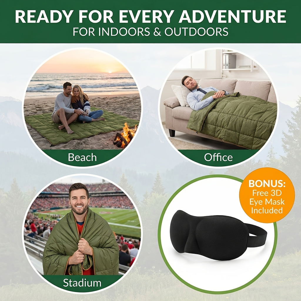 Camping Blanket Puffy Waterproof Foldable Lightweight Warm Outdoor Blanket with 3D Eye Mask for Camping Hiking Travel Stadium Beach 55x79in
