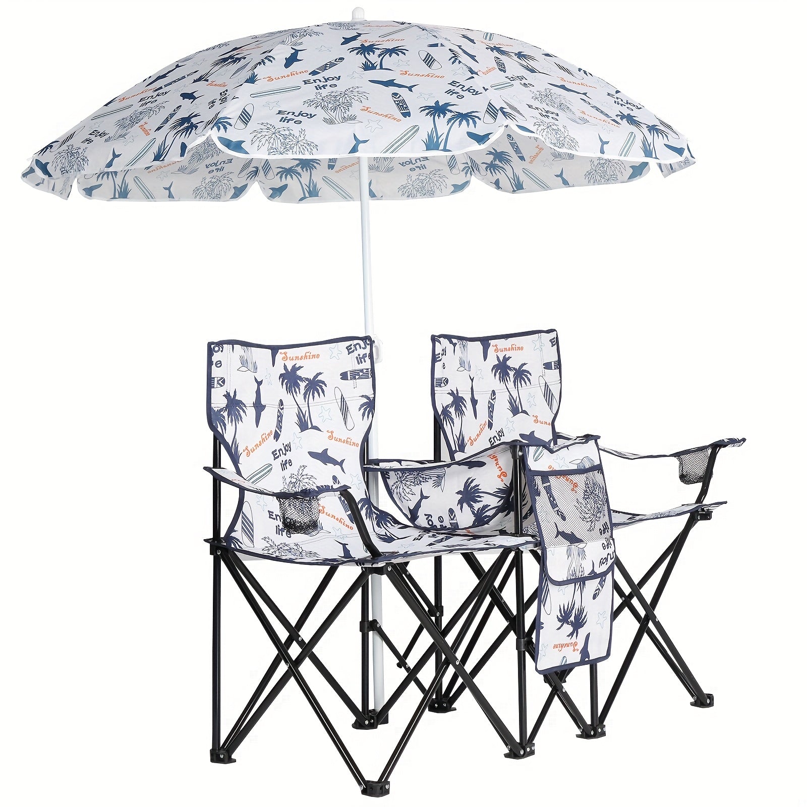 2-Seat Folding Outdoor Chair with Removable Sun Umbrella - Portable Double Camping Chair with Handrails for Fishing Beach Sunbathing Patio - Durable Steel Frame Oxford Fabric Lawn Chair
