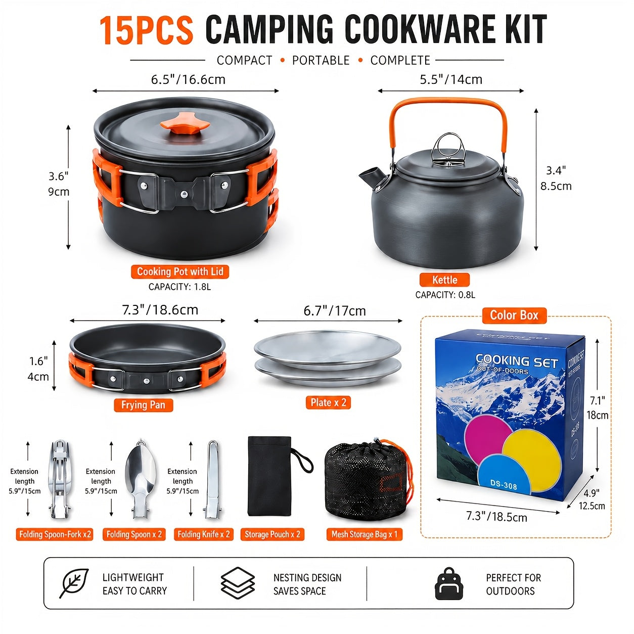 Camping Cookware Mess Kit 14/15 Piece Portable Non-Stick Aluminum Alloy Camp Kitchen Set with Kettle Pot Frying Pan Plates Forks Knives Spoons - Backpacking Outdoor Cooking Gear for Hiking