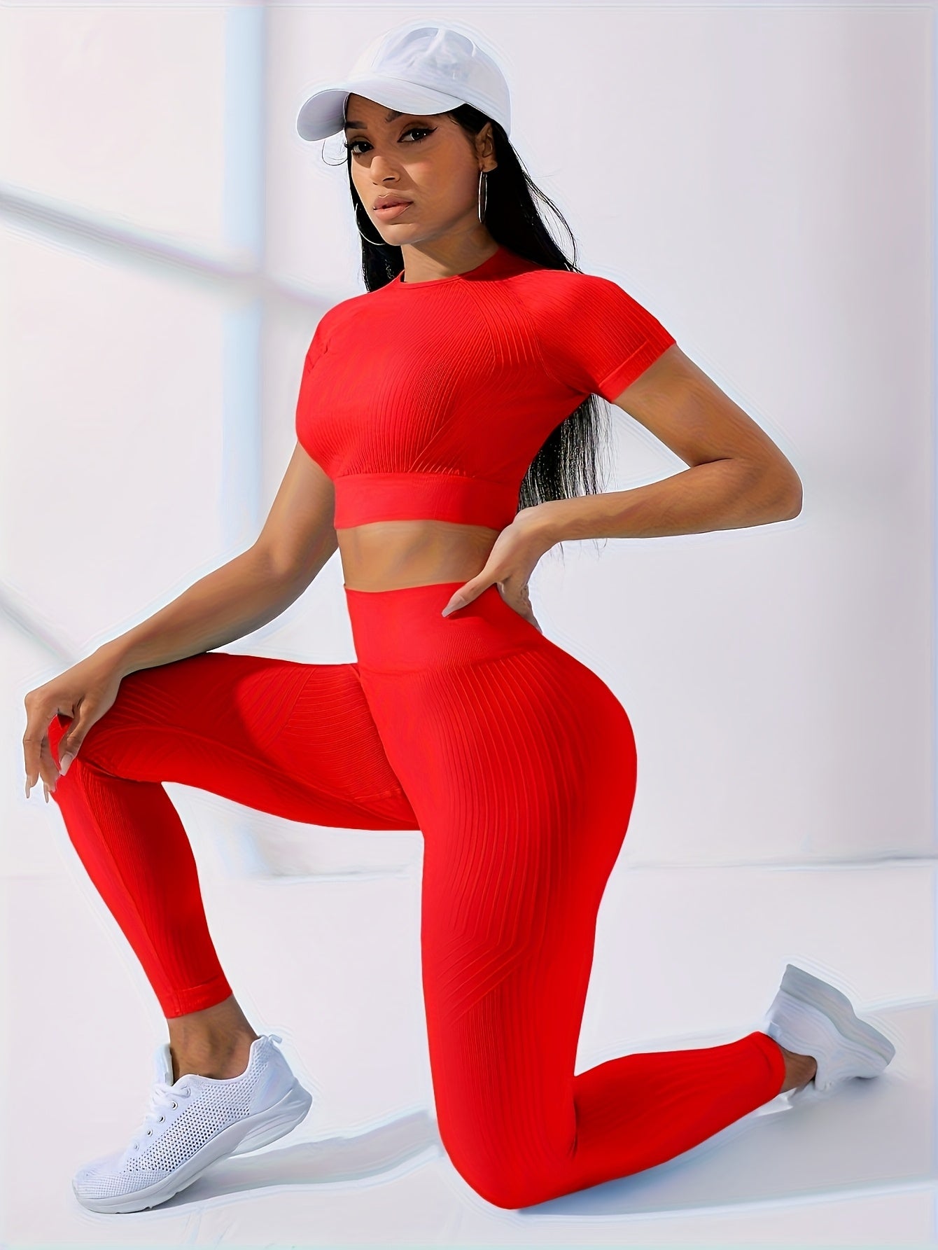 2PCS Women's Workout Set – Yoga Crop Top & Leggings, Crew Neck, Medium Stretch, Solid Color All-Season Activewear, XS-XL
