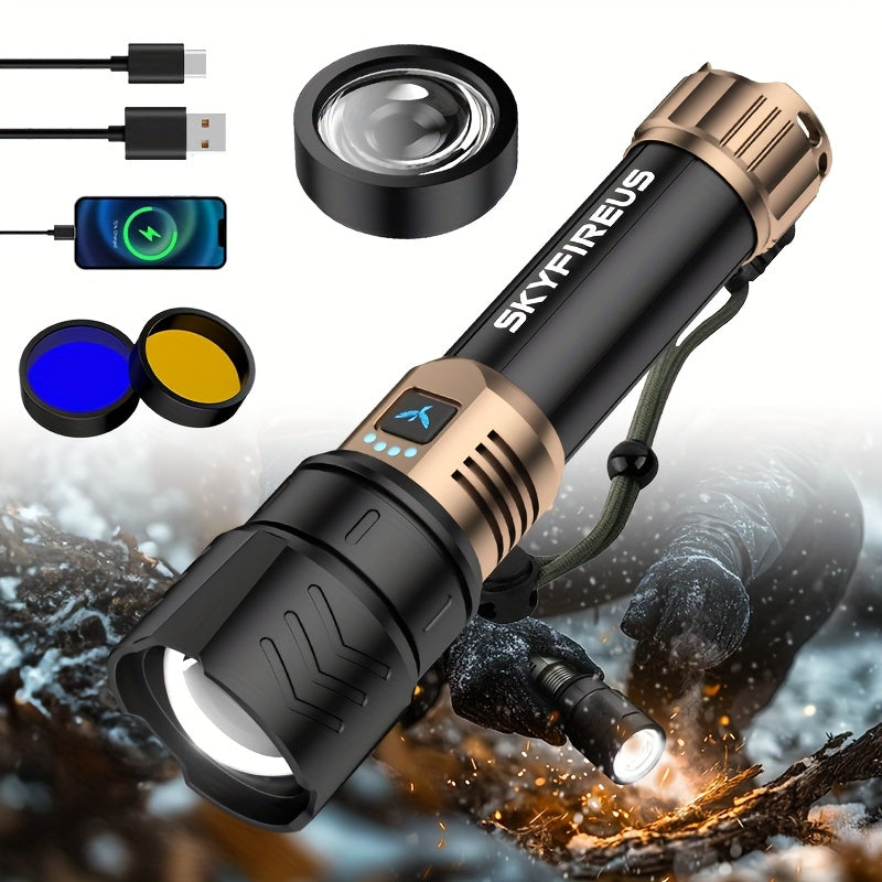 LED Tactical Flashlight High Lumen Rechargeable Zoomable 4 Modes – Super Bright Camping Cycling & Emergency Light with Zoom Lens Black Copper Black Gold