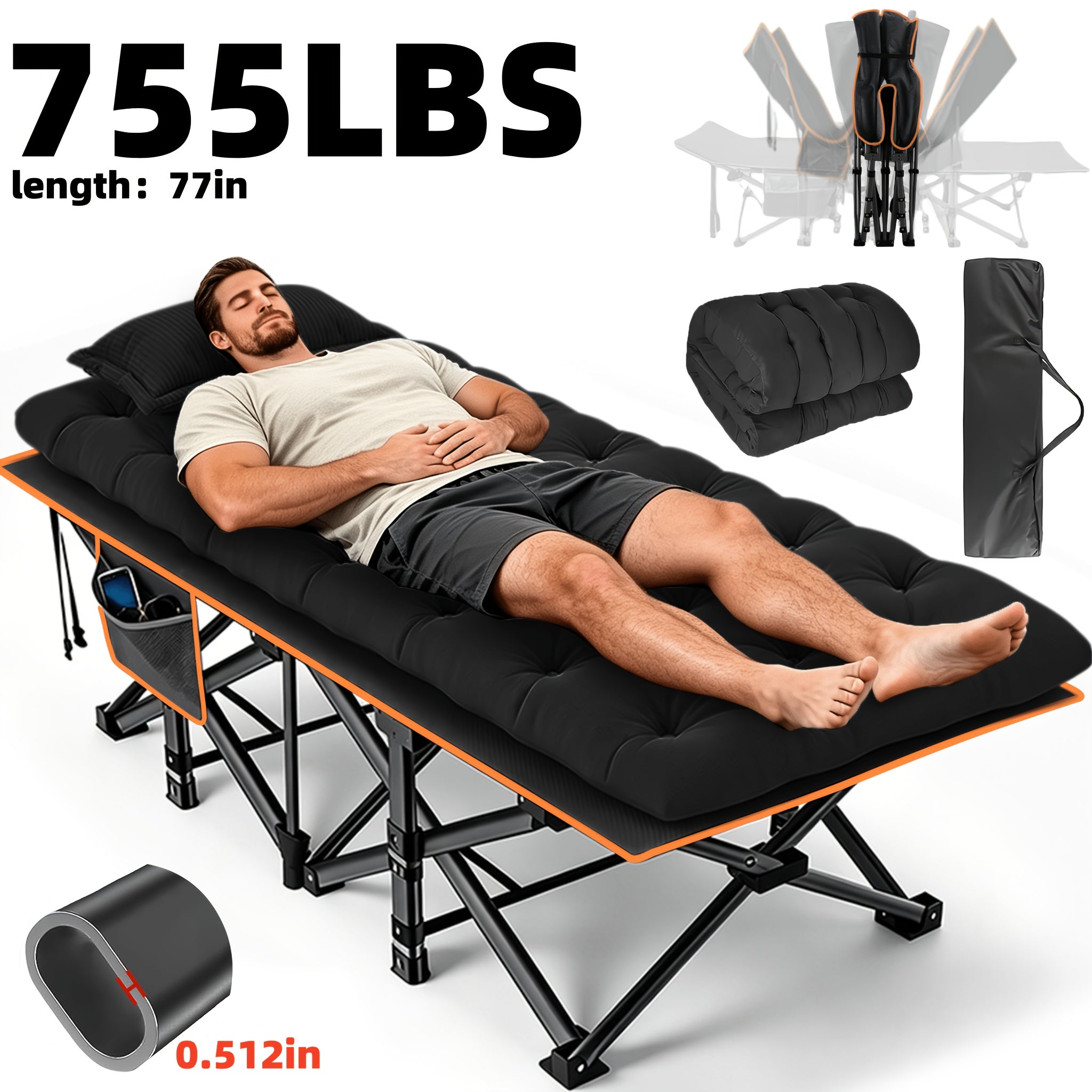 Extra Large Folding Camping Cot Bed with Mattress Option – Heavy Duty 355–750 lbs Capacity Portable Guest Bed for Adults – Foldable Sleeping Cot for Camping Travel Indoor Outdoor Use 59–77 Inch