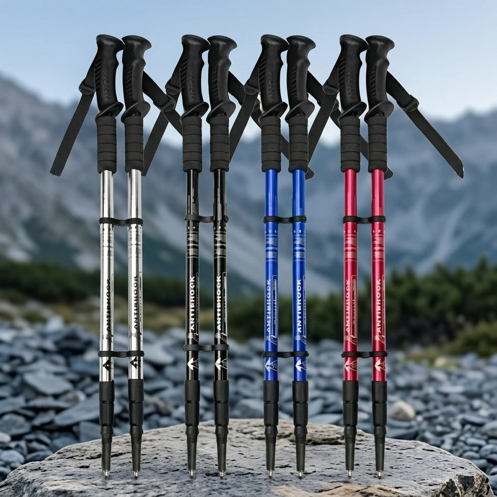 Trekking Poles 2 Pack Aluminum Alloy Adjustable Collapsible Hiking Poles Lightweight Walking Sticks for Men Women Hiking Backpacking Mountaineering Trail Walking Silver Blue Red