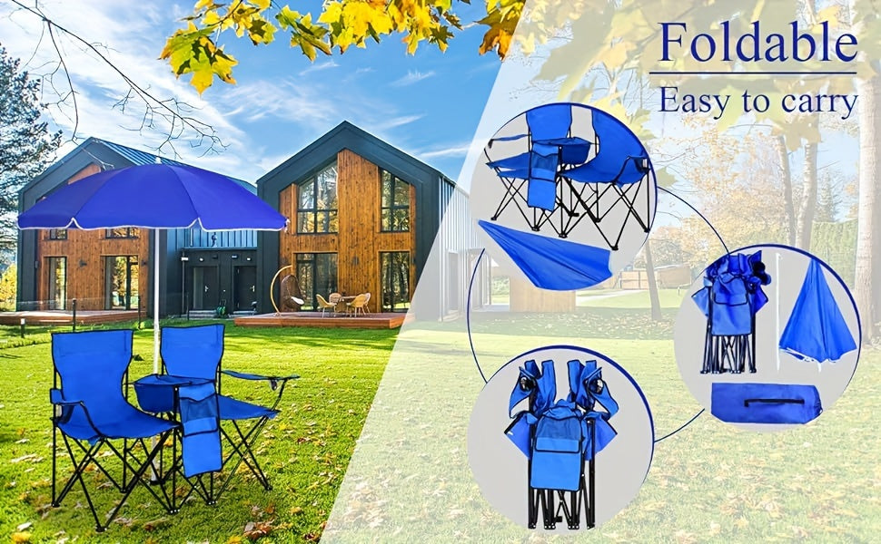 2-Person Folding Beach Chair Set with Umbrella, Table & Cooler Bag – 600 lb Capacity Portable Camping & Picnic Chair Set for Outdoor, Beach & Tailgate