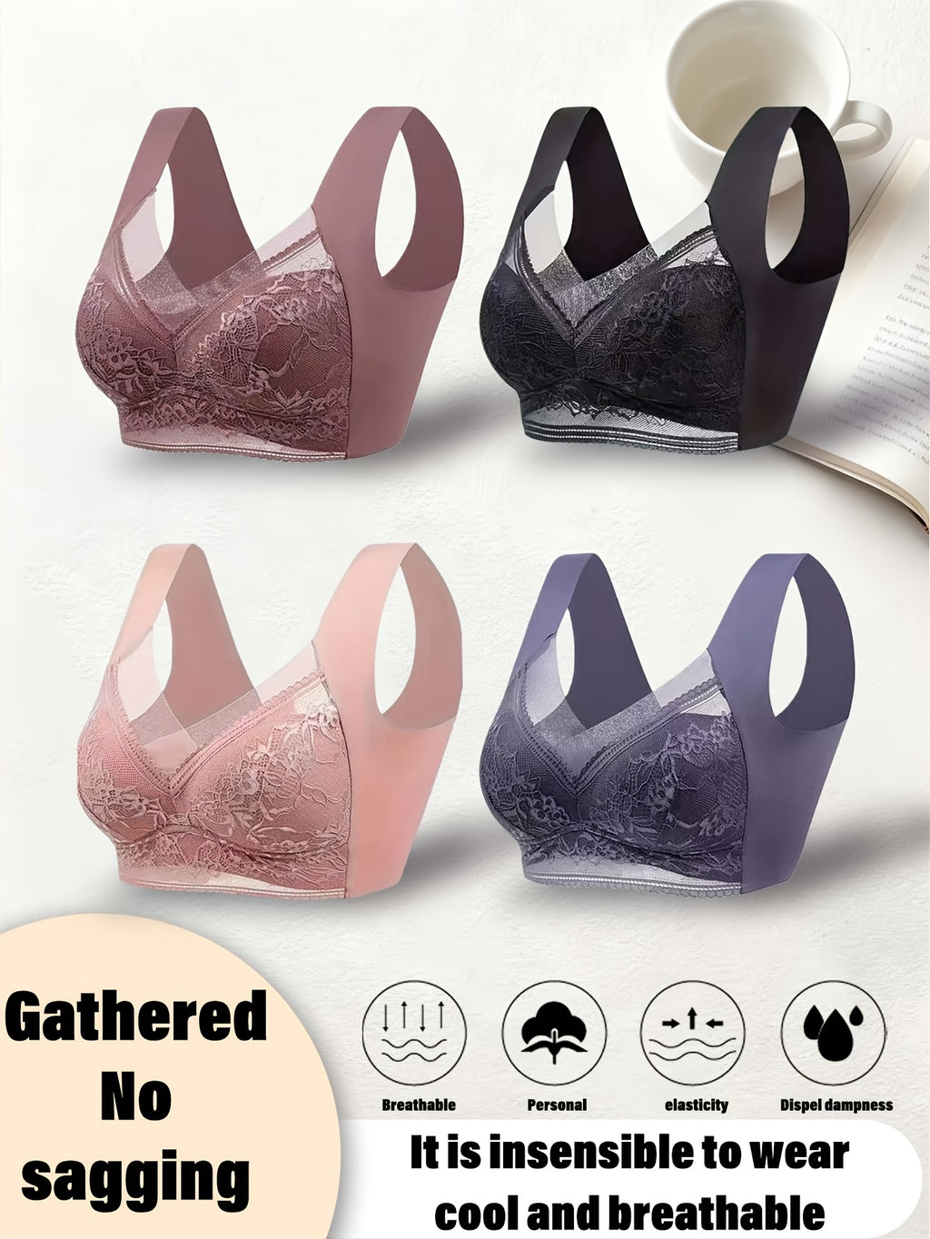4-Pack Women's Lace Sports Bra Vest – Ice Silk Traceless Bralette with Beautiful Lace Back, Fixed Cup Support for Large Chest, Breathable Gathered Design, Sizes S-XXL