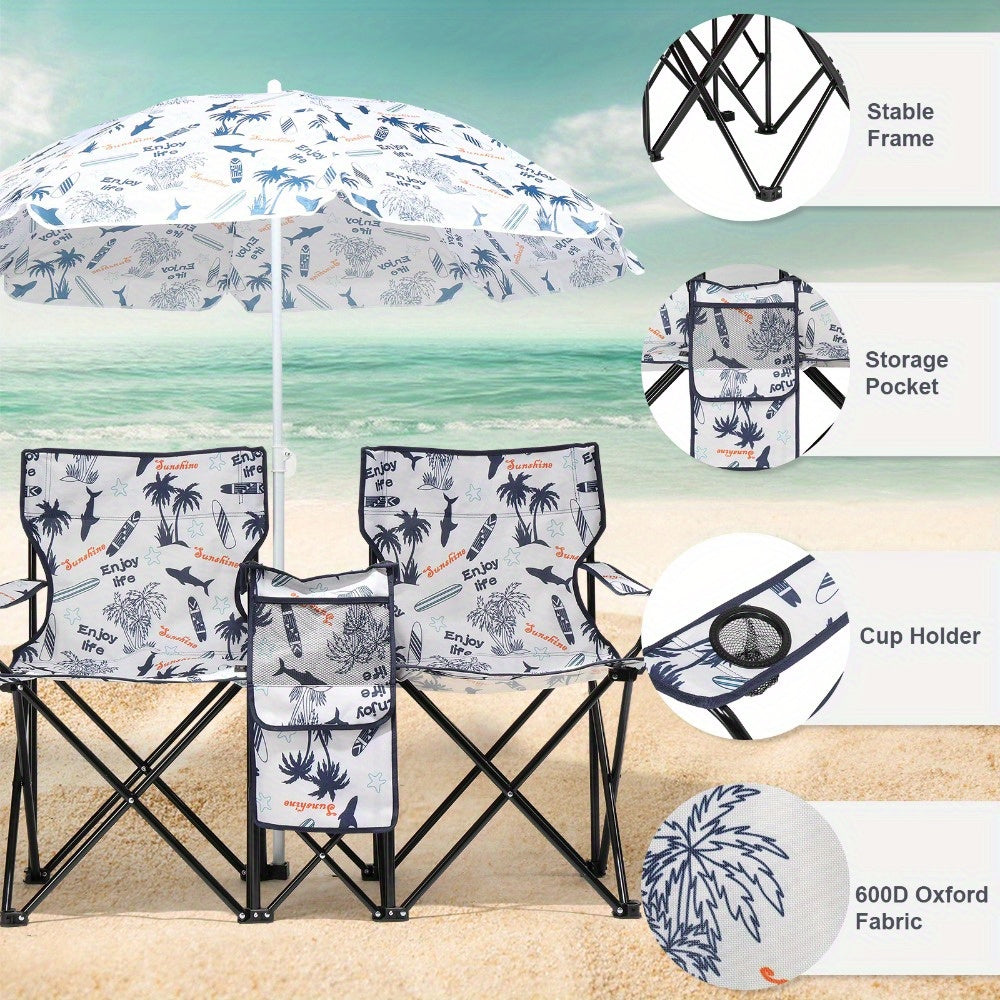 Folding Fishing Chair with Sun Umbrella 2-Seat Portable Outdoor Chair - Iron Alloy Frame Oxford Fabric Beach Patio Camping Chair with Storage Bag - Red Black Grey Blue Coconut Pineapple Pattern