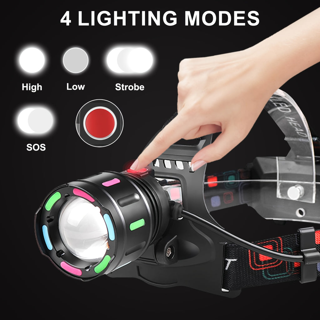 Rechargeable LED Headlamp with 4 Modes & 90° Tilt – Adjustable Focus Head Lamp with Warning Taillight for Camping, Hiking, Running, Repair Work & Emergency Use