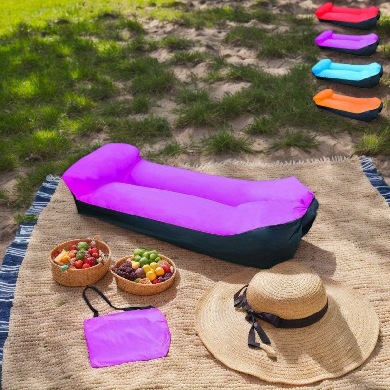 Portable Inflatable Camping Sofa Lounger Chair – Quick Inflate Outdoor Recliner for Beach, Backyard & Camping in Blue, Purple, Red & Green