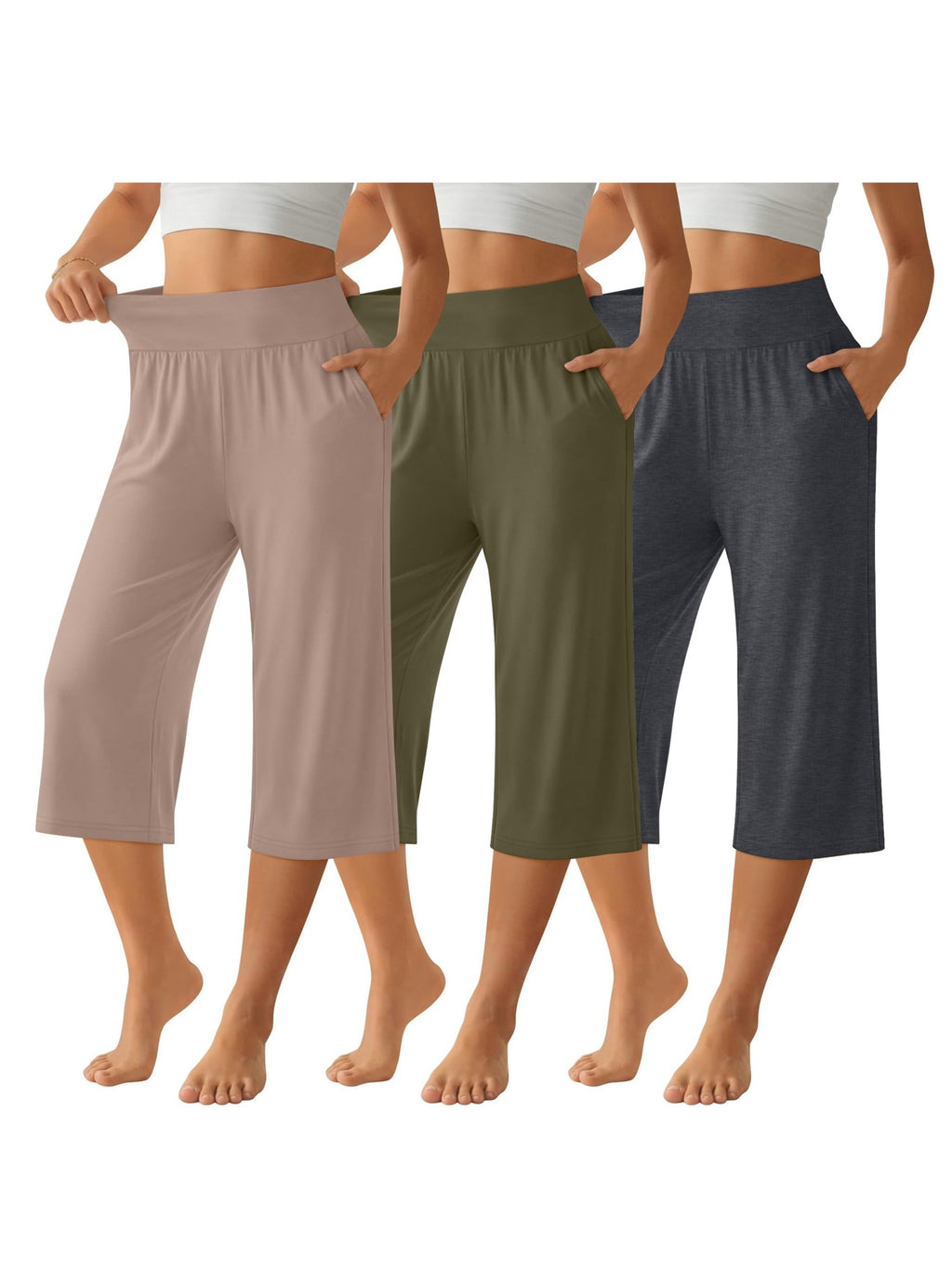 Women's Capri Pants 3 Pack Loose Lounge Joggers Yoga Cropped Sweatpants with Pockets – Elastic Waist Casual Spring Summer Fall