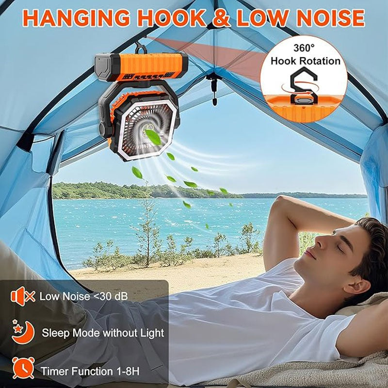 20000mAh Oscillating Camping Fan with LED Lantern & Timer – 4-Speed Rechargeable Battery Tent Fan for Outdoor Camp, RV, Jobsite & Power Outage Emergency Use